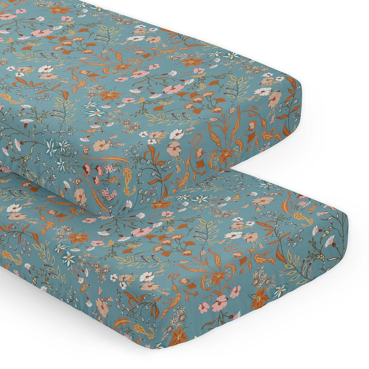 Sweet Jojo Designs Girl Fitted Crib Sheets Set Boho Floral Wildflower Blue Orange and Pink 2pc