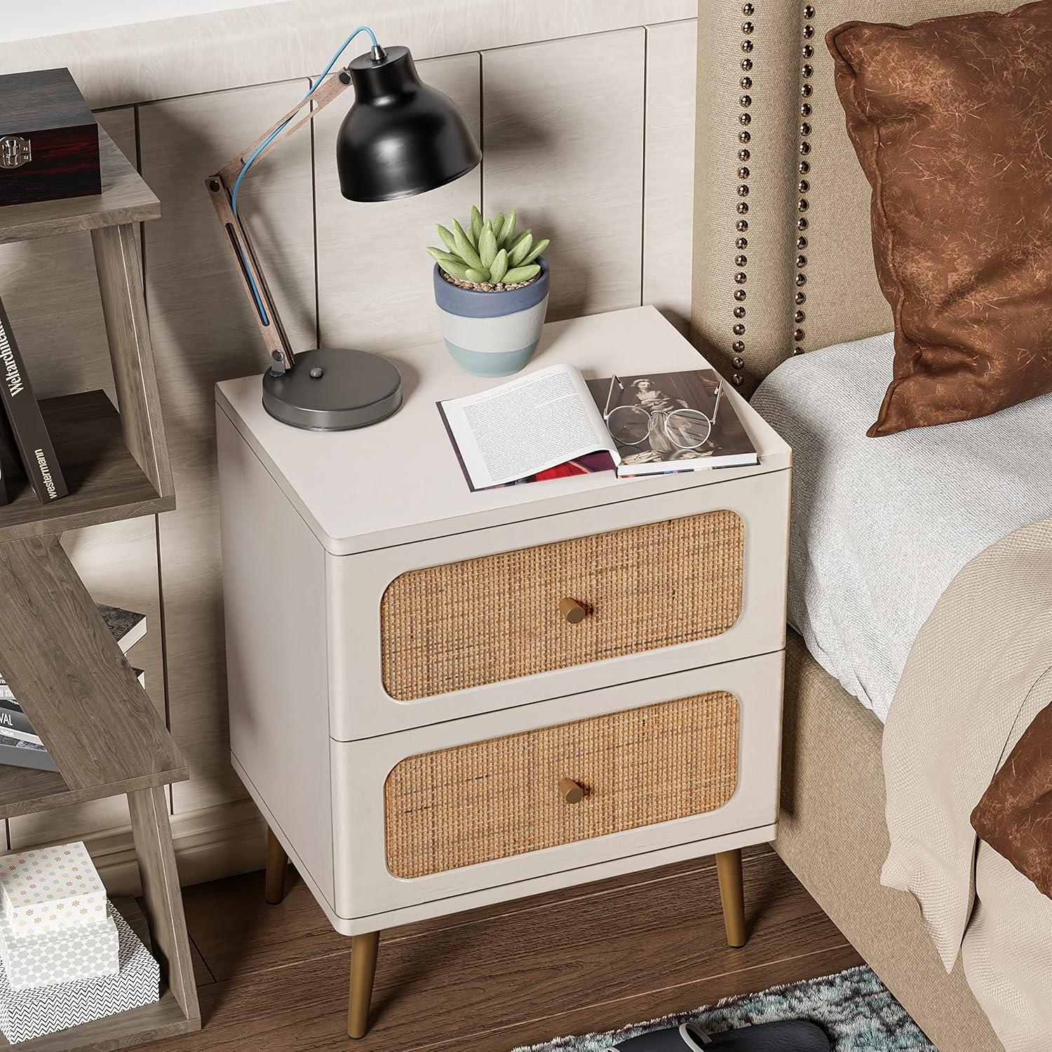 Wicker Rattan Nightstand, 2-Drawer End Table White Finish Side Table for Small Spaces, Modern Farmhouse Wooden Bedside Table, Boho Mid-Century Coastal Storage Cabinet