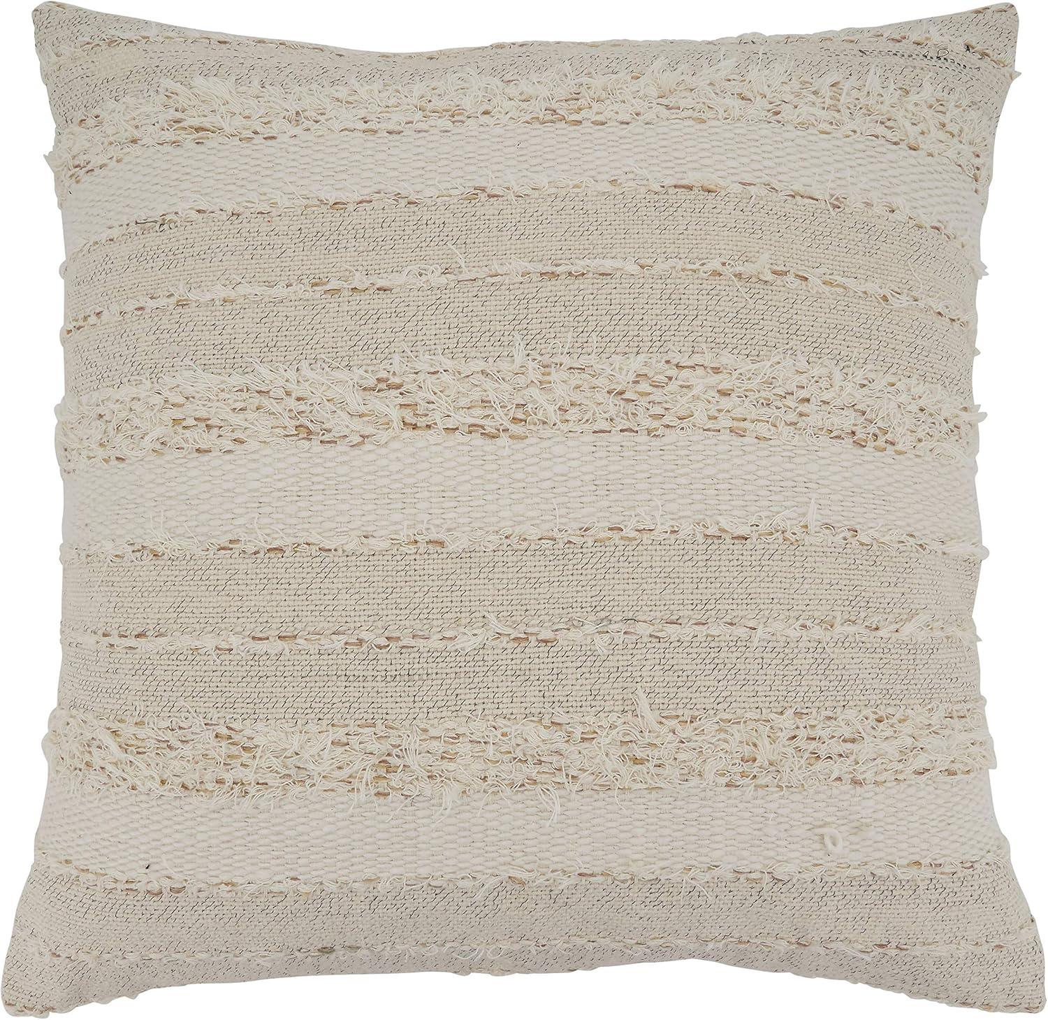 Ivory Fringe Stripe Cotton Pillow Cover, 22"