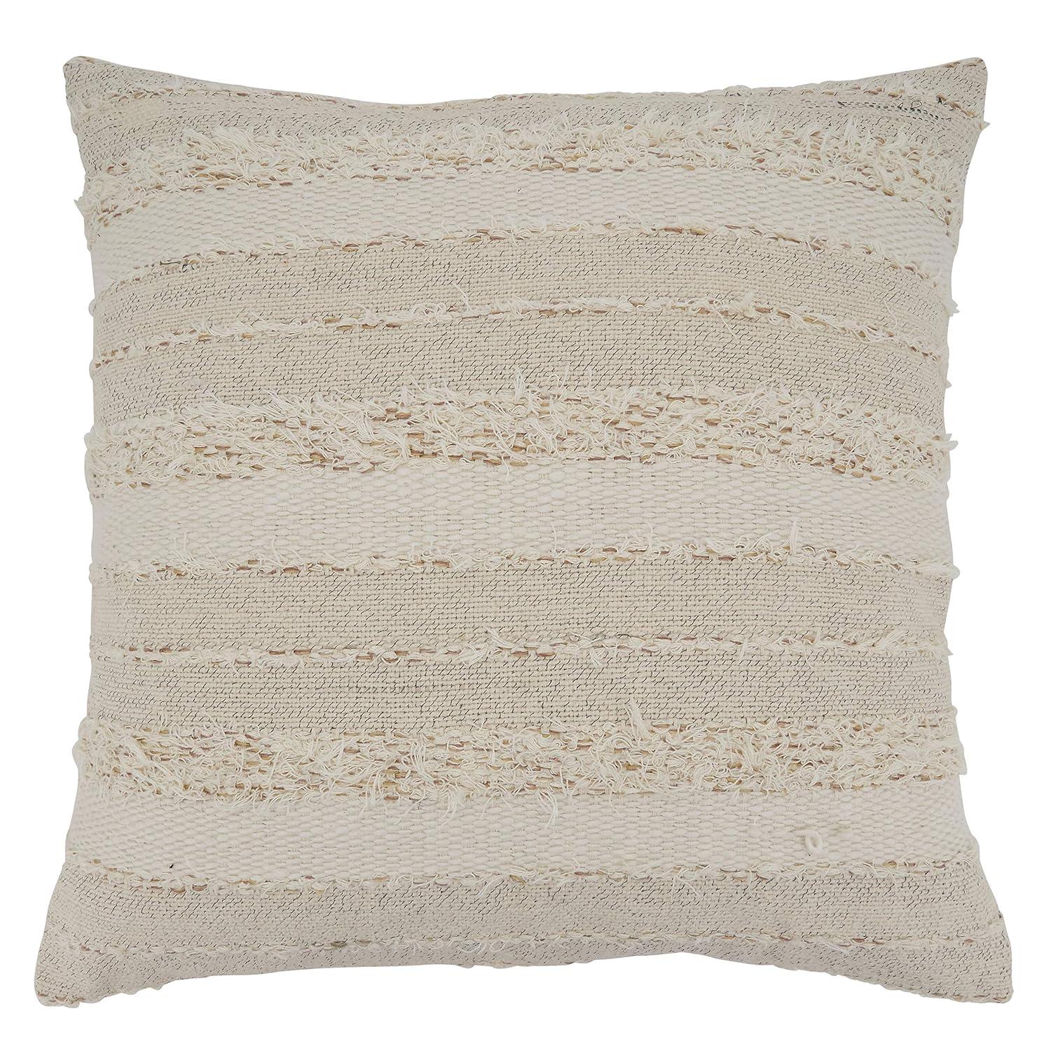 Saro Lifestyle Fringe Stripe Design Throw Pillow With Poly Filling, Ivory, Ivory, 22" x 22"