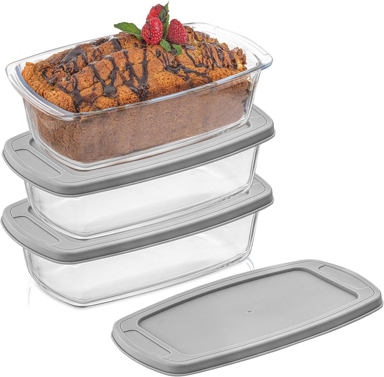 JoyJolt Glass Bakeware Containers for Loaf,  Bread, Cakes Pans Baking Containers with Lids - Set of 3 - Grey