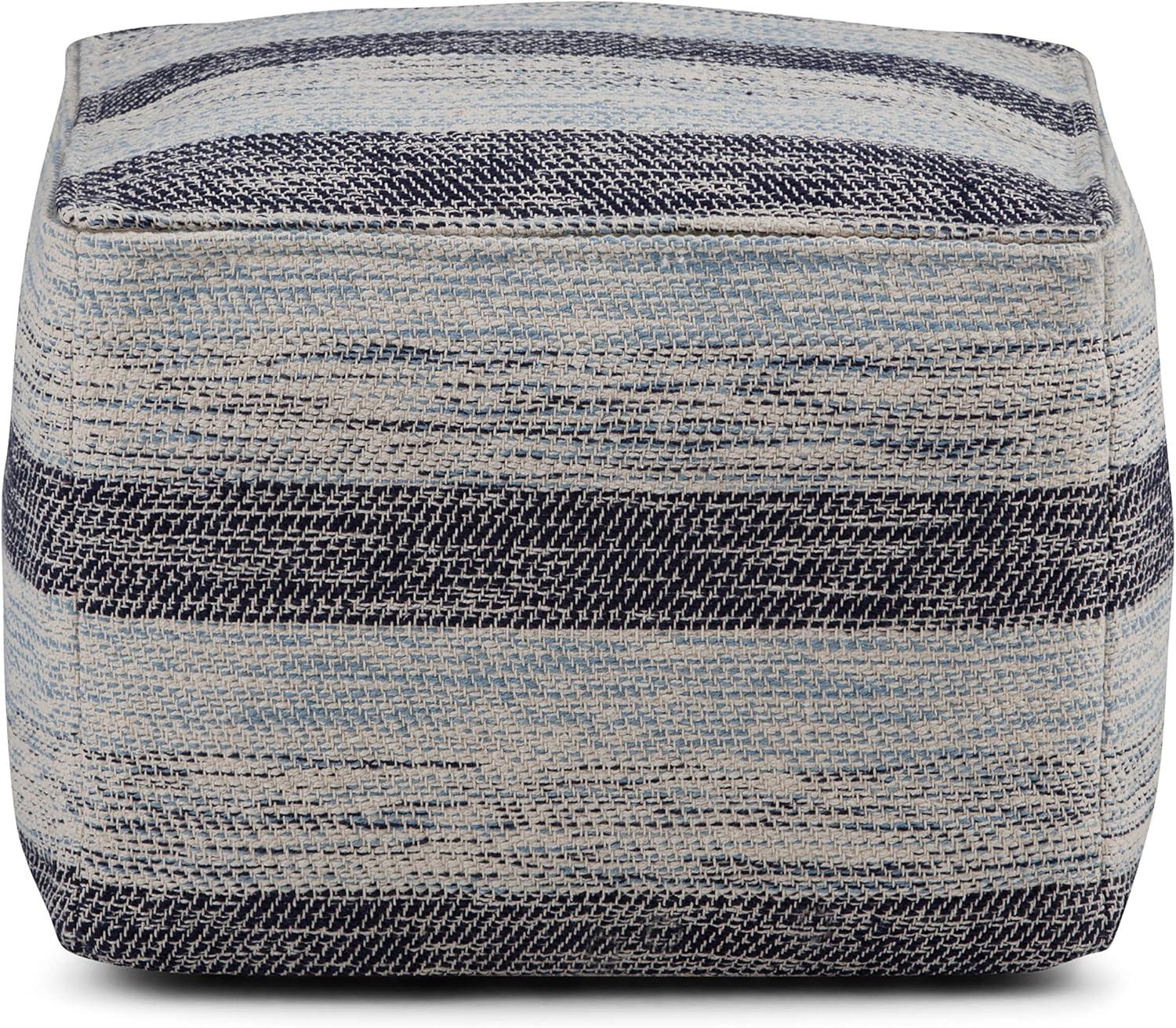 Clay 18 Inch Boho Square Pouf in Patterned Blue Melange Cotton, For the Living Room, Bedroom and Kids Room