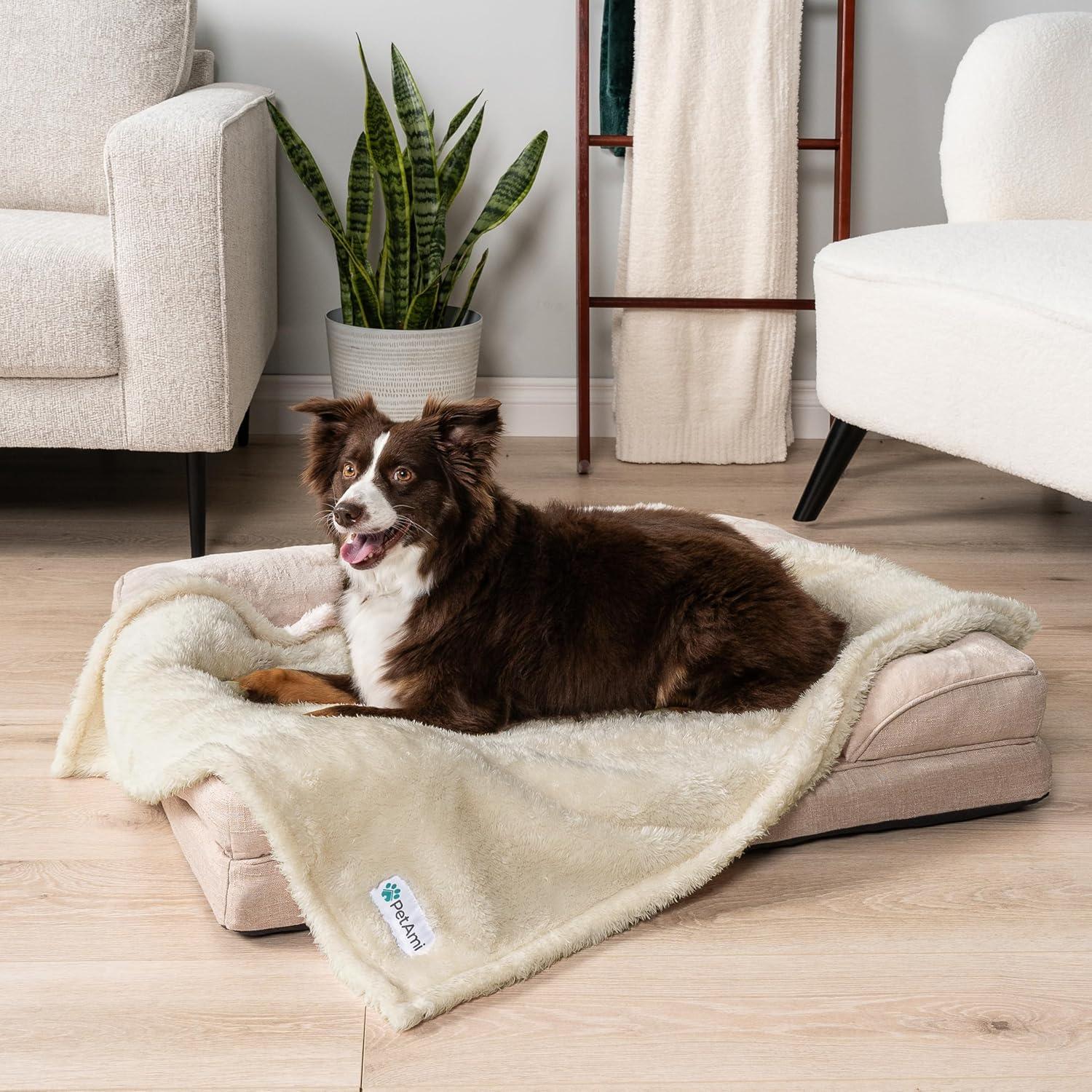 PetAmi Fluffy Waterproof Dog Blanket For Pet Cat Puppy, Soft Faux Shearling Throw Couch Cover, Plush Washable Reversible