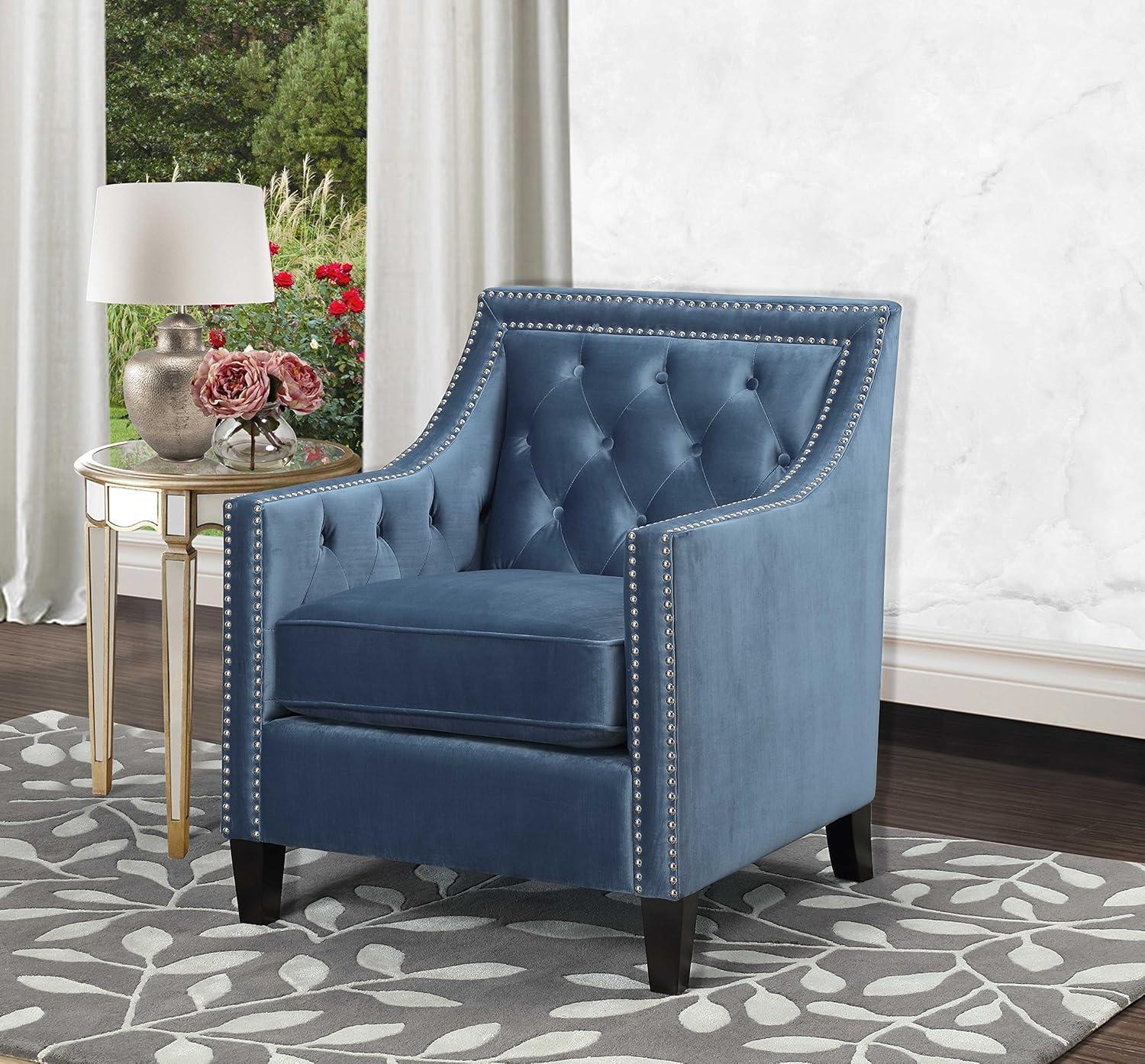 Marine Blue Velvet Square-Arm Accent Chair with Silver Nailhead Trim