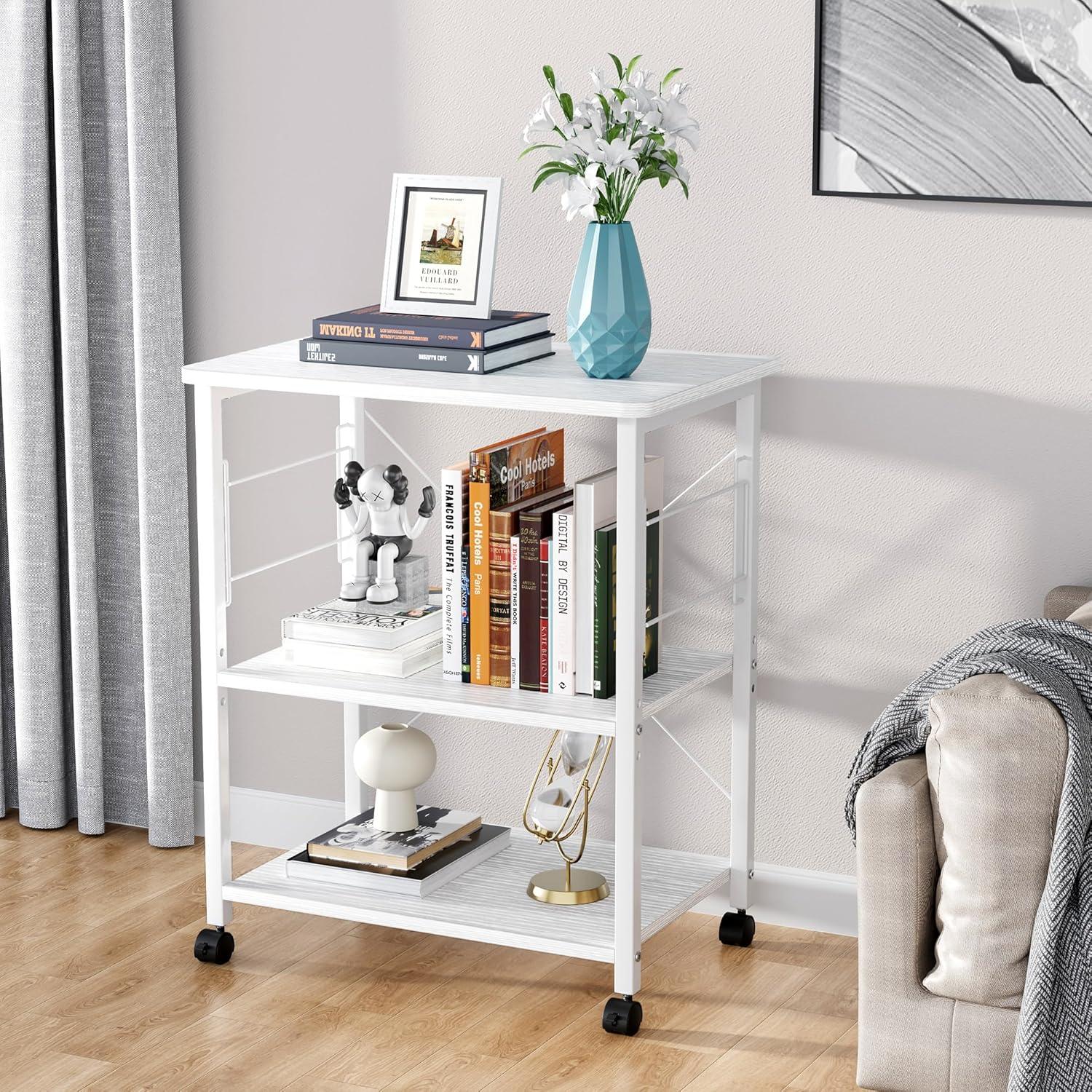 Mr IRONSTONE 3-Tier Kitchen Bakers Rack Utility Microwave Oven Stand Storage Cart Workstation Shelf(Light Beige Top+White Metal Frame)