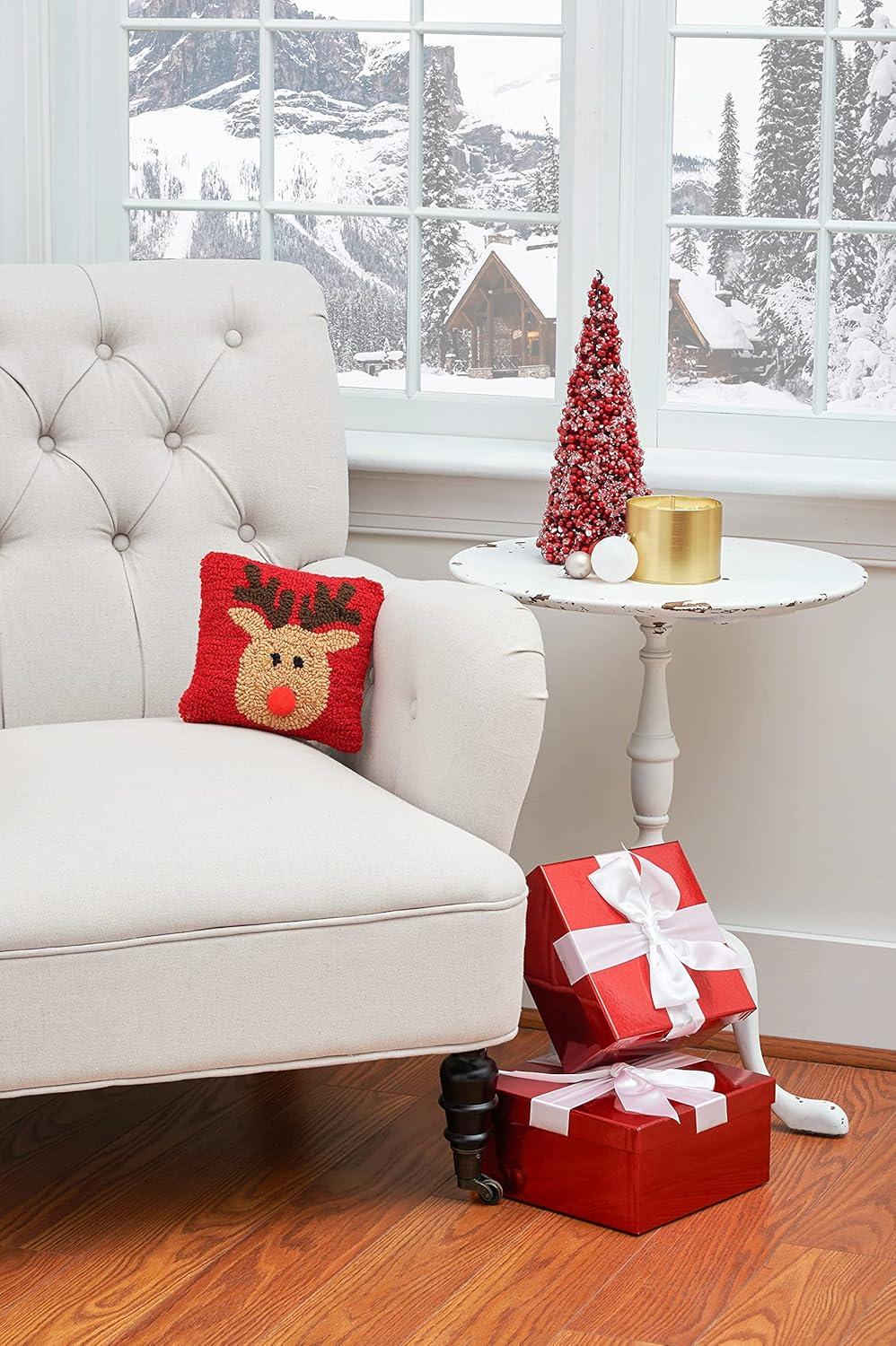 Petite Red Hooked Reindeer Christmas Accent Pillow