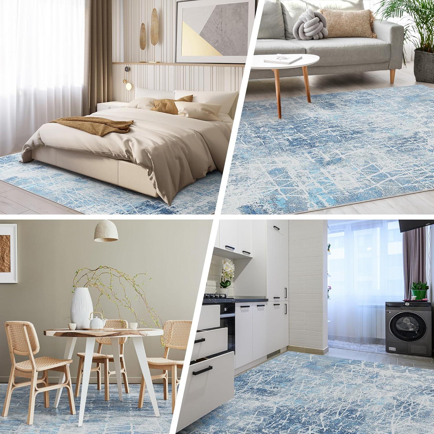 WhizMax 5'x7' Modern Blue Abstract Area Rug Machine Washable Contemporary Rug Soft Foldable Thin Accent Rug Anti-Slip Non-Shedding Floor Carpet