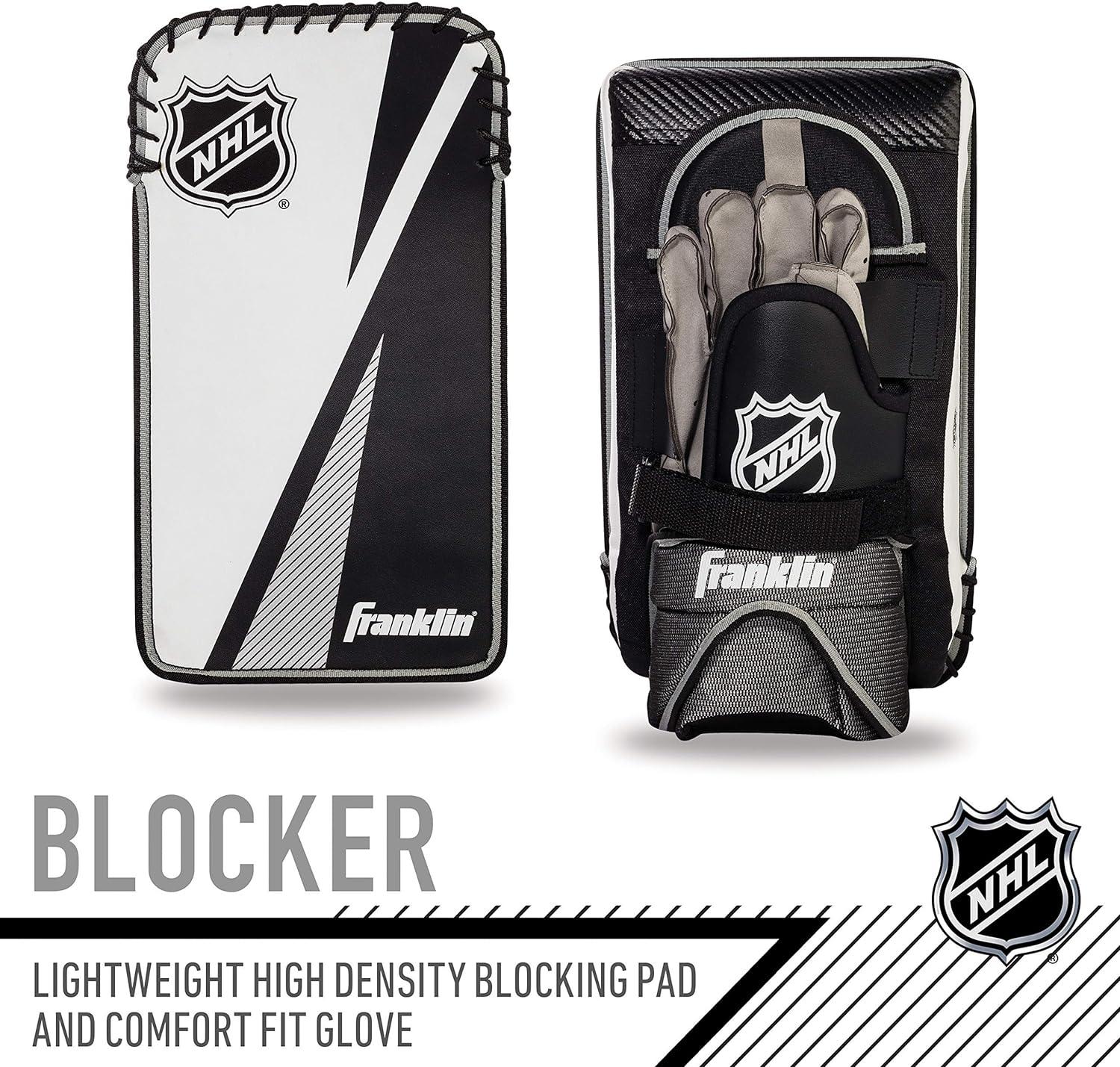 Franklin Sports Street Hockey Goalie Equipment Set - NHL Youth Street Hockey Goalie Pads - Leg Pads, Catch Glove, and Blocker - Youth Goalie Gear Black, 12"