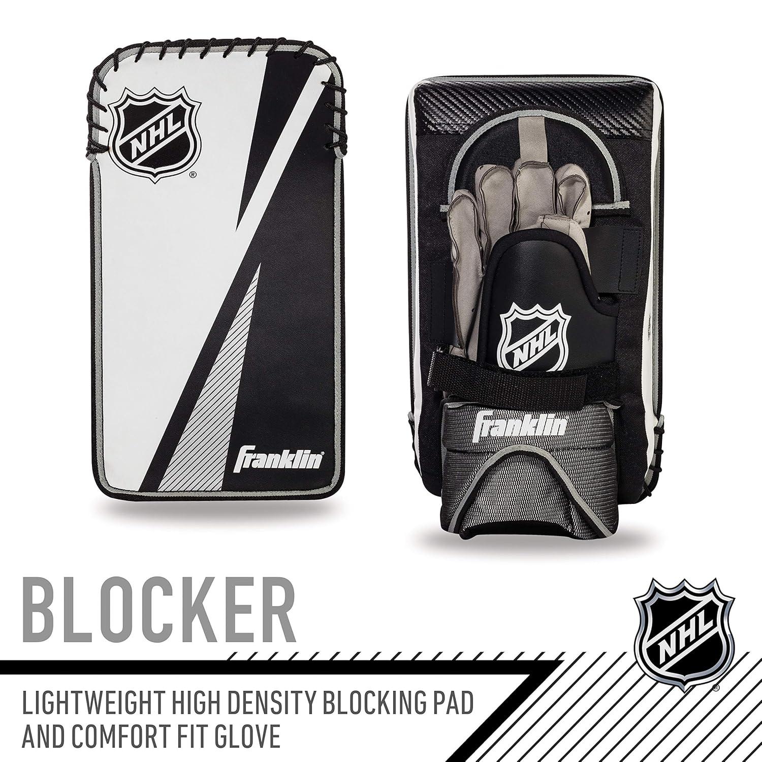 Franklin Sports Street Hockey Goalie Equipment Set - NHL Youth Street Hockey Goalie Pads - Leg Pads, Catch Glove, and Blocker - Youth Goalie Gear Black, 12"