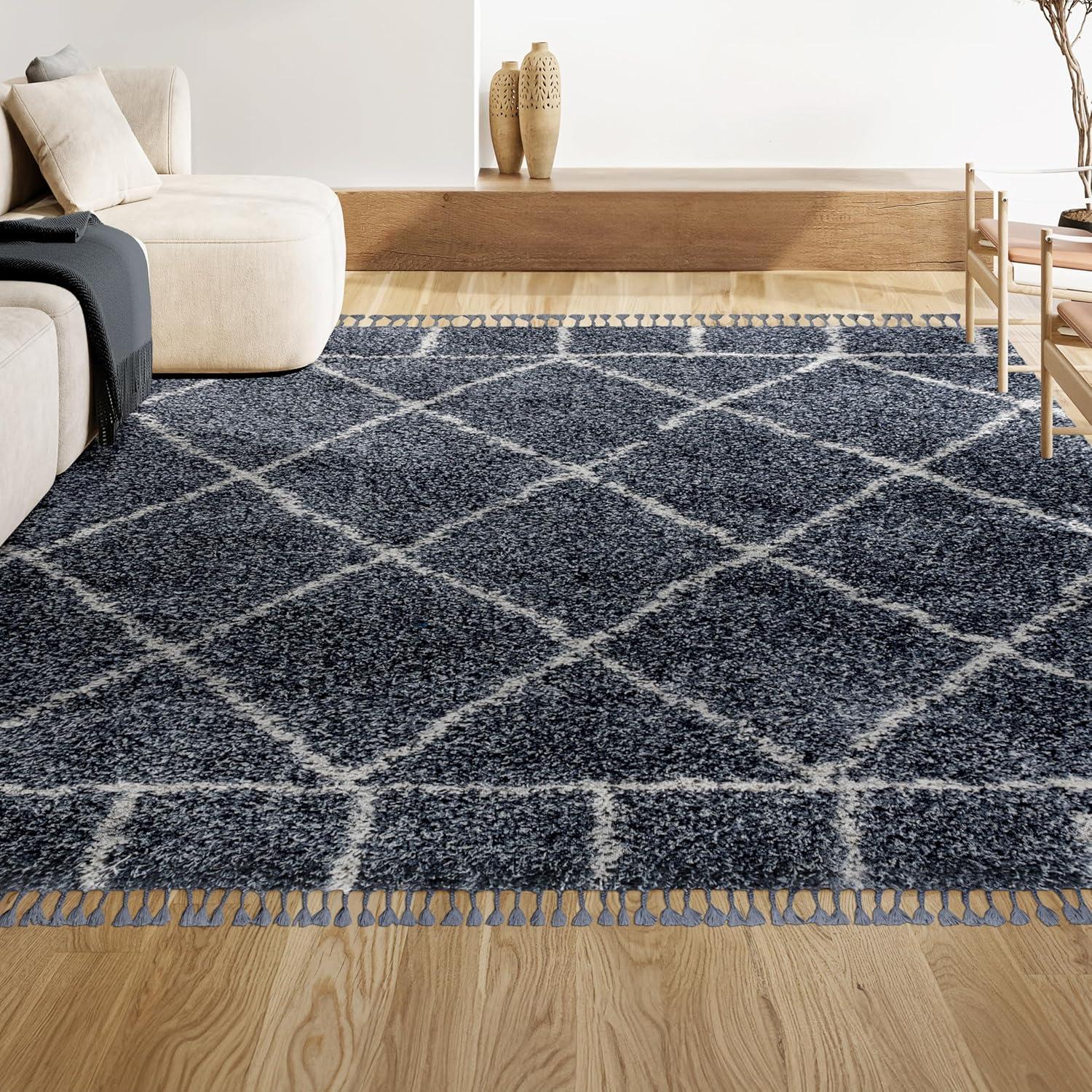 4'x6' Mercer Shag Plush Tassel Moroccan Geometric Trellis Area Rug, Denim/Cream - JONATHAN Y