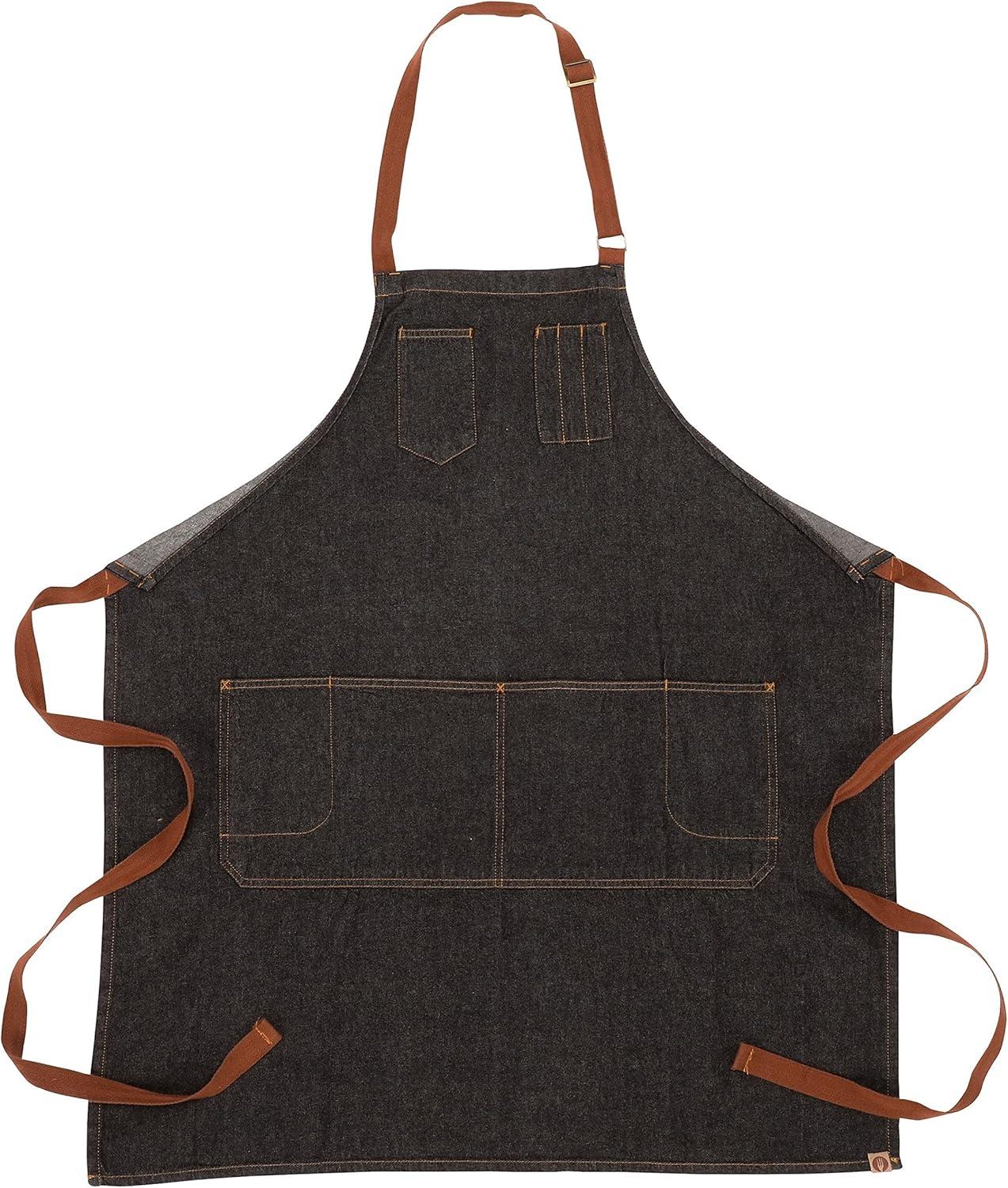 Black Denim Bib Apron with Brown Ties and Pockets