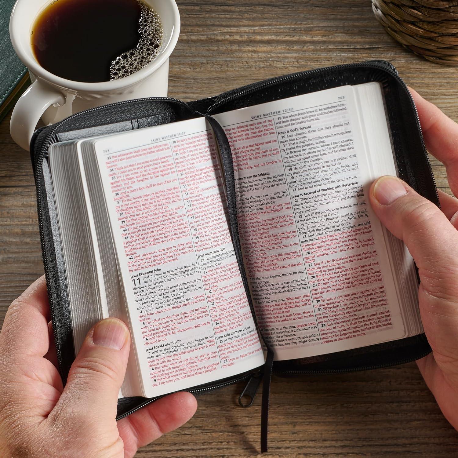 KJV Holy Bible, Mini Pocket Size, Faux Leather w/Ribbon, King James Version, Black, Zipper Closure, 6.2" x 4.3"
