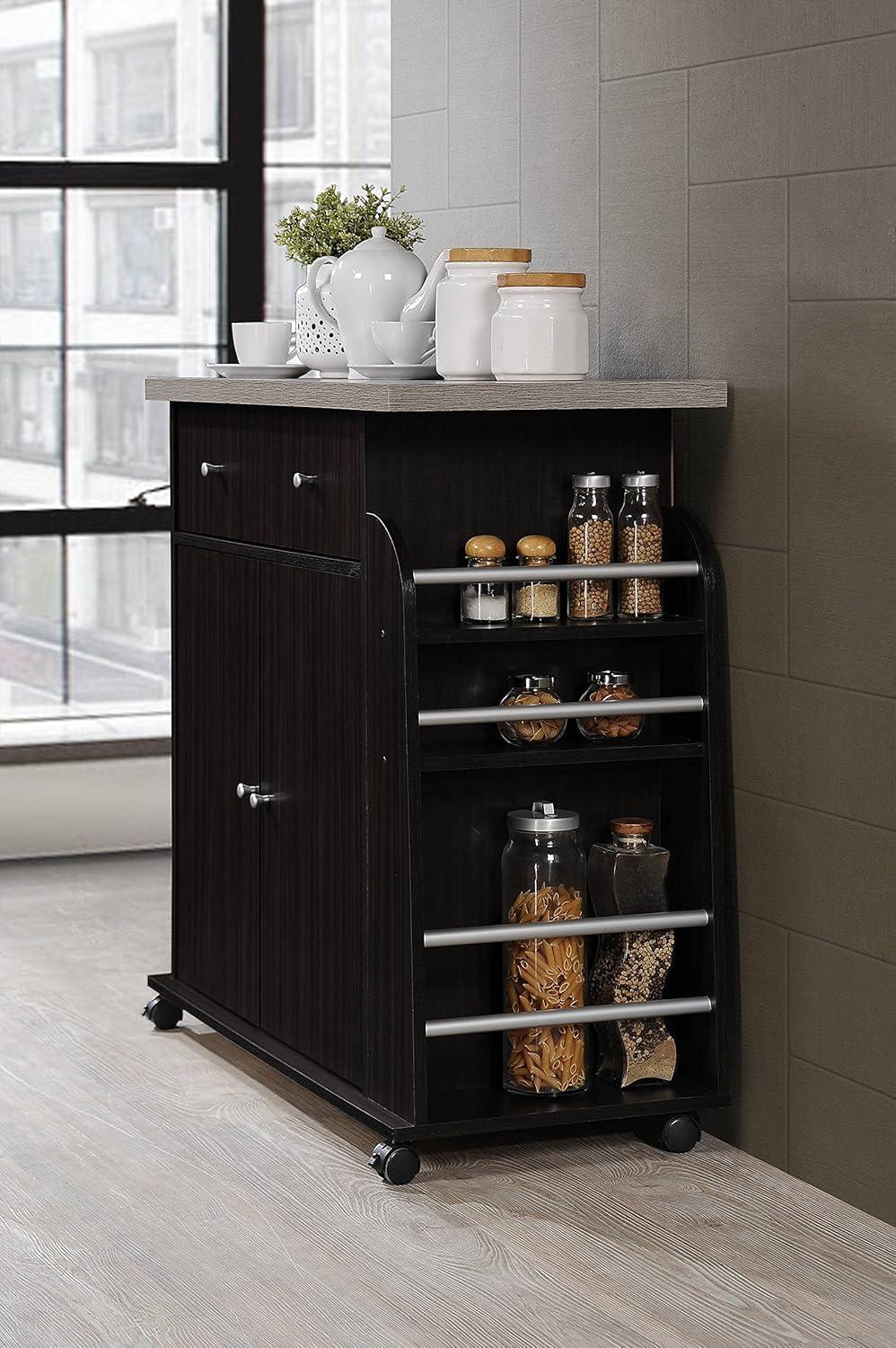 Elegant Chocolate Brown Wheeled Kitchen Island with Spice & Towel Rack