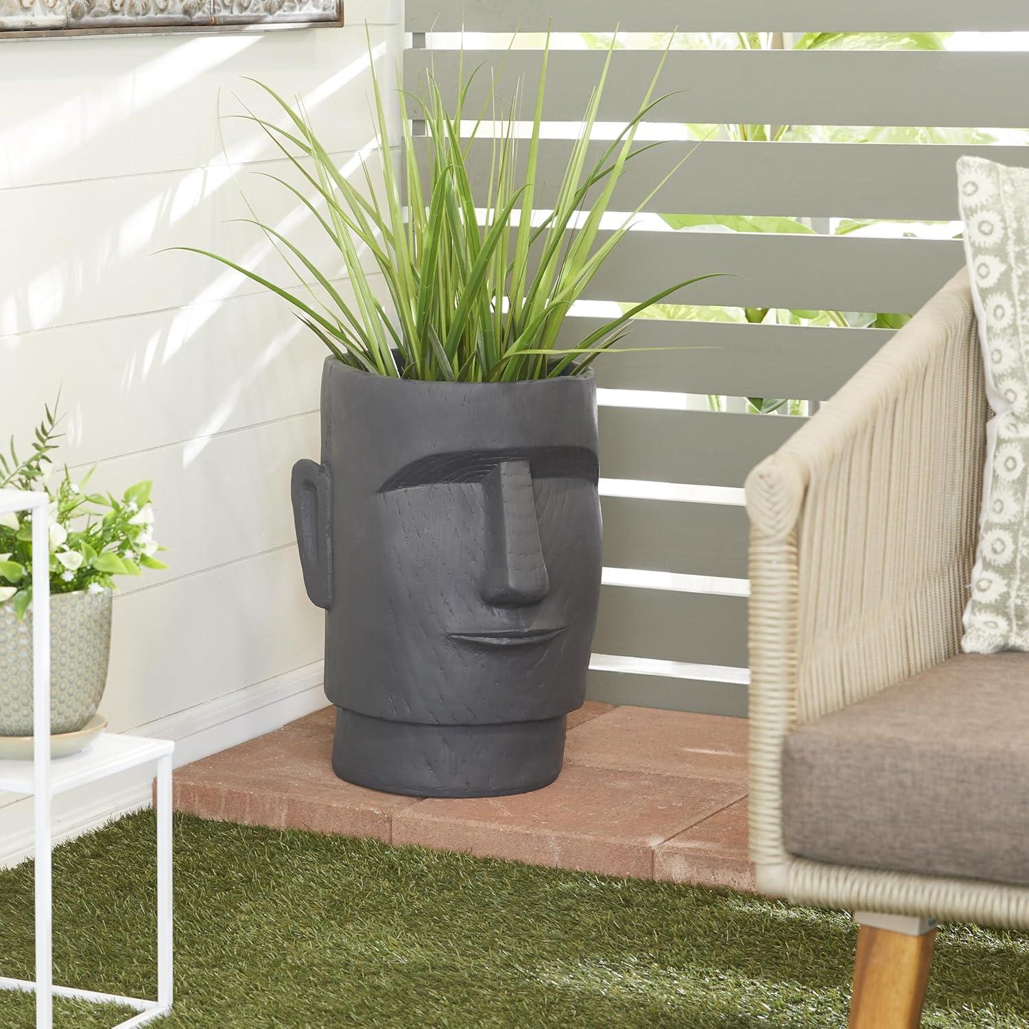 Deco 79 Magnesium Oxide Face Indoor Outdoor Planter Easter Island Large Planter Pot, Planter 13" x 14" x 18", Dark Gray