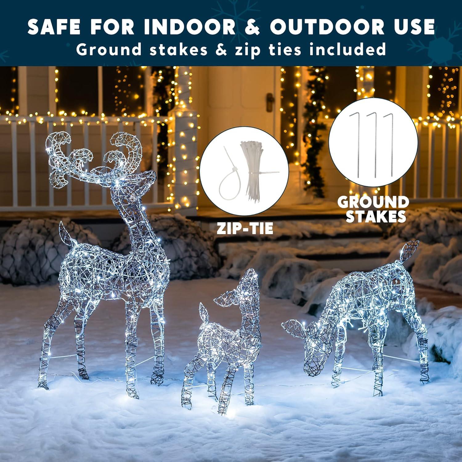 Joiedomi 3 Packs Christmas Decoration Deer Family, 185 LED Lighted Rattan Reindeers Yard Lights, Christmas Outdoor Decorations for Yard Garden Lawn, Xmas Decor, Cool White Deer