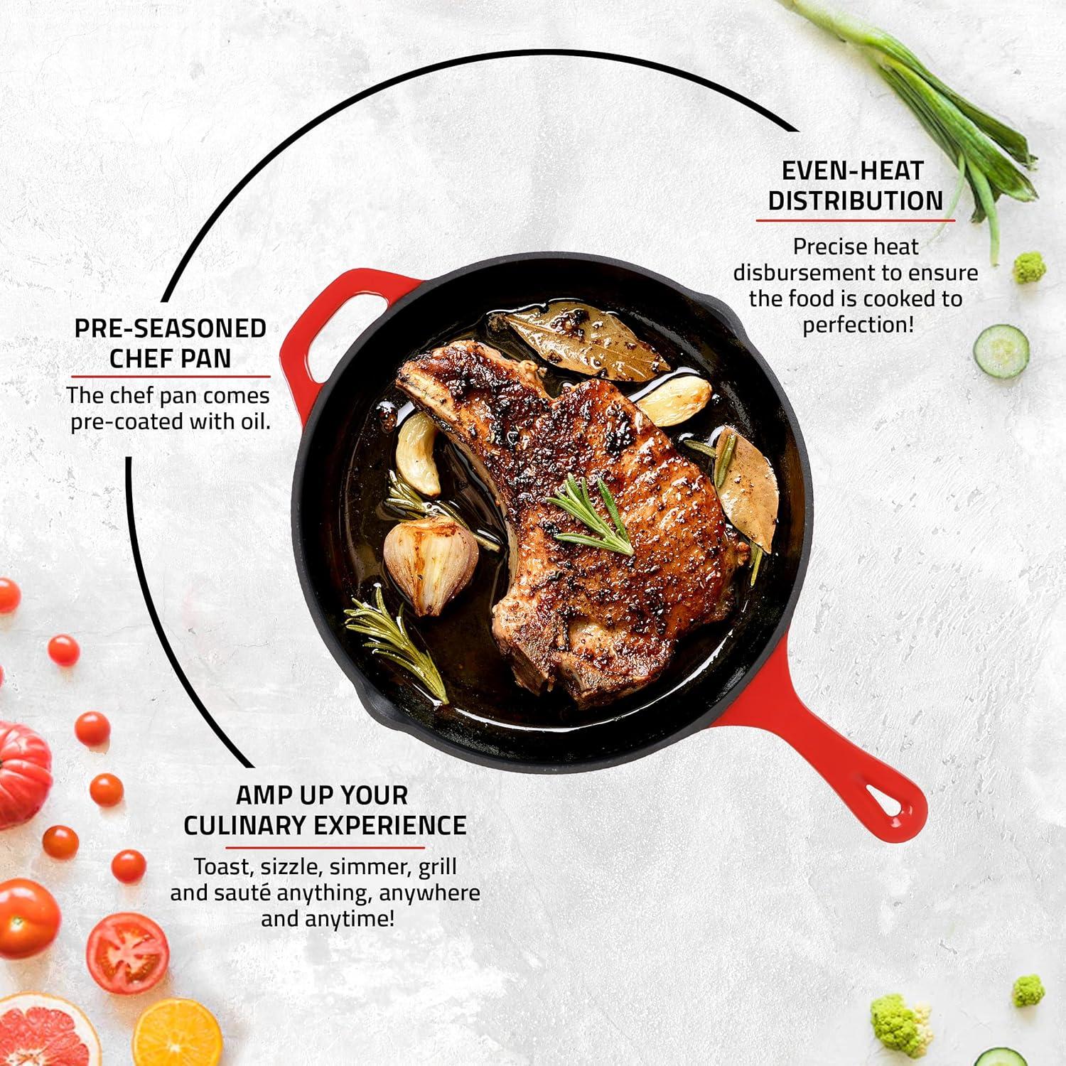 doitbest Pre-Seasoned Cast Iron Skillet with Lid, Grill-Safe Cookware, Red