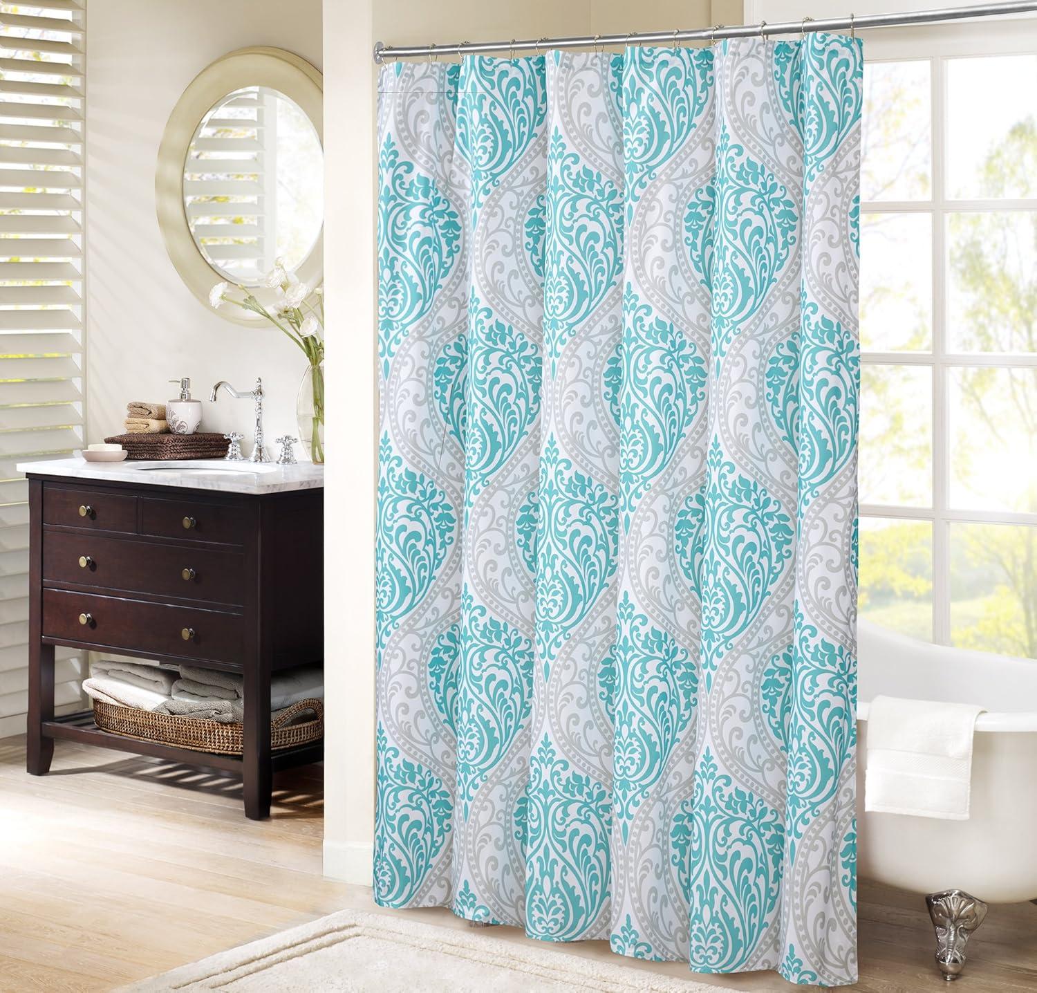 Comfort Spaces Coco Microfiber Teal/Gray Printed Damask Shower Curtain, 72"x72"