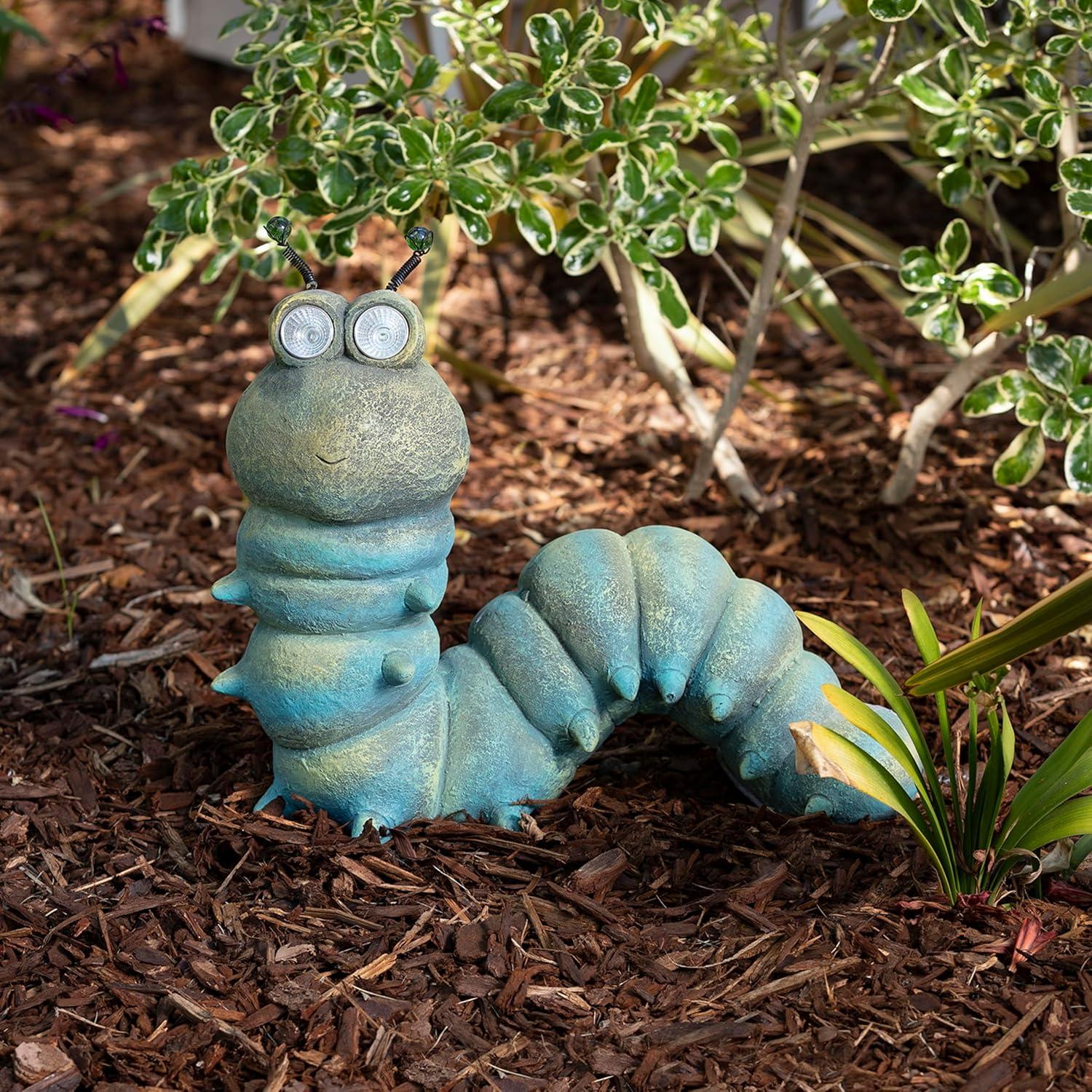 16-inch Green Solar-Powered Caterpillar Garden Statue with LED Eyes