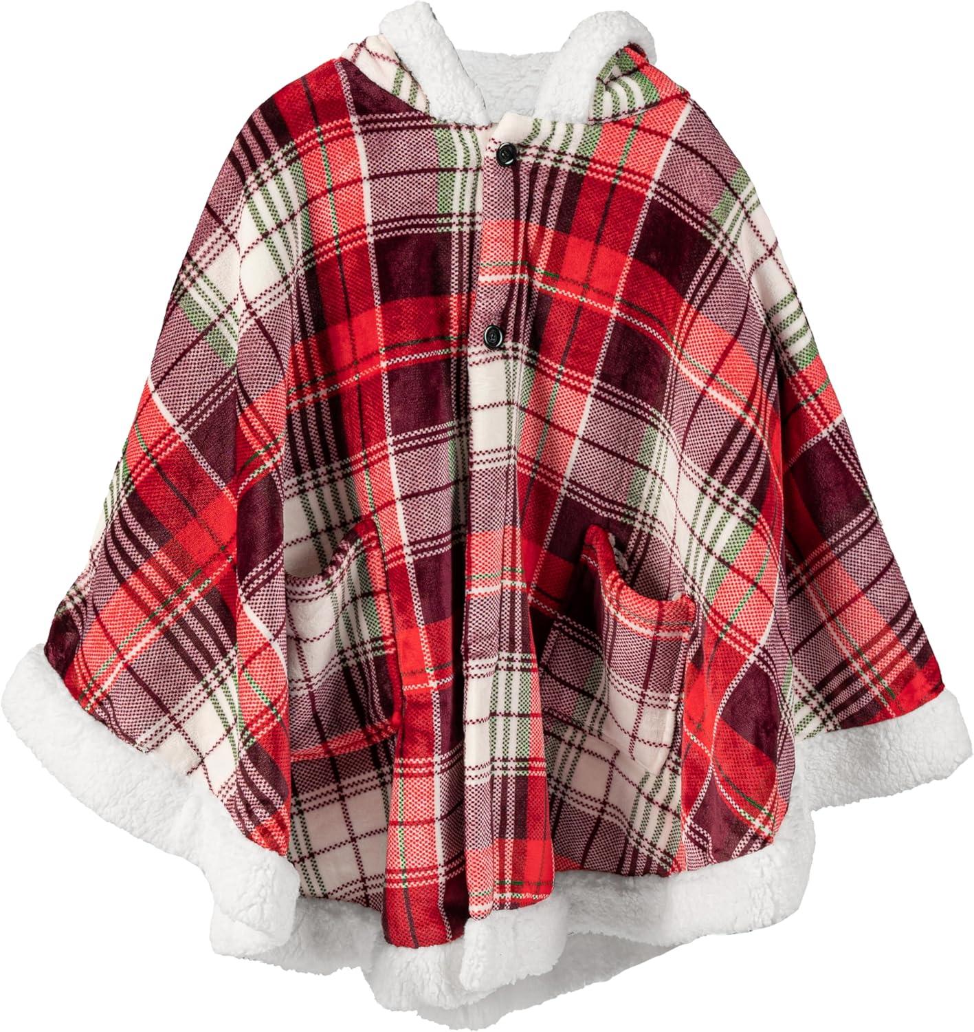 PAVILIA Angel Wrap Hooded Blanket for Women Adult, Wearable Cozy Wrap Throw Fleece Shawl Cape, Tartan Plaid/Faux Shearling