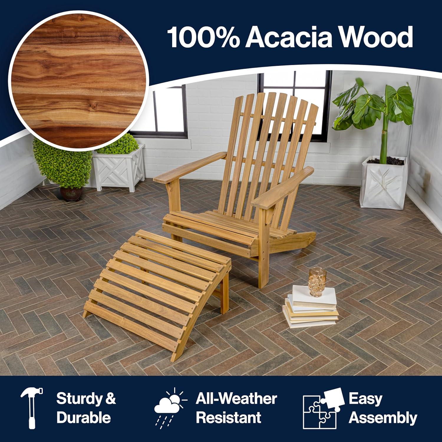 Saranac 2-Piece Traditional Rustic Acacia Wood Adirondack Chair with Detachable Ottoman, Teak Brown - JONATHAN Y