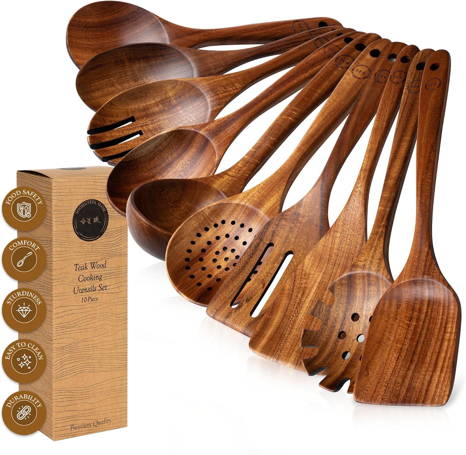 Wooden Spoons for Cooking, 10 Pcs Teak Wood Cooking Utensil Set ‚ Wooden Kitchen Utensils for Nonstick Pans & Cookware ‚ Sturdy, Lightweight & Heat Resistant