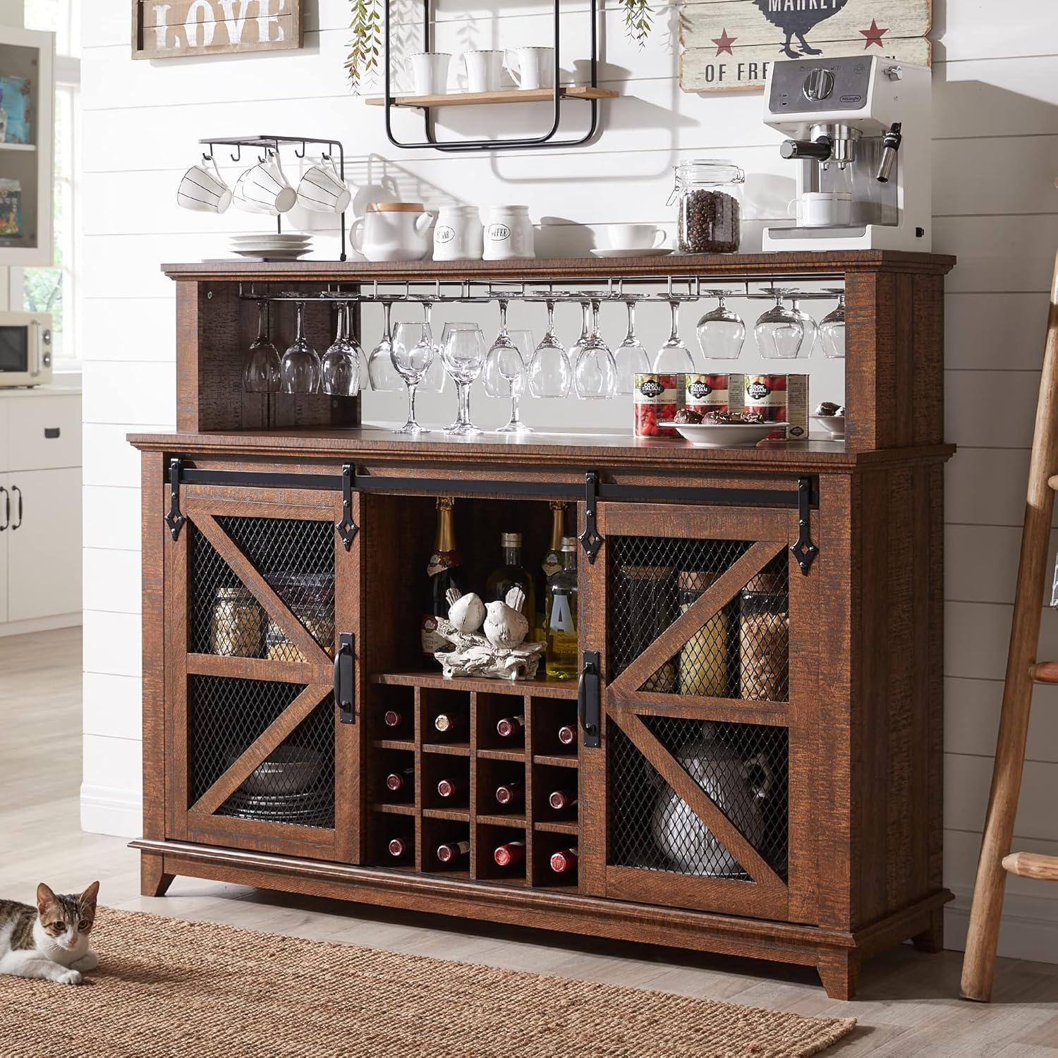 OKD 55" Coffee Bar Cabinet with LED Lights & Sliding Barn Door & Wine and Glass Rack, Wine Bar Cabinet w/Storage Shelves for Dining