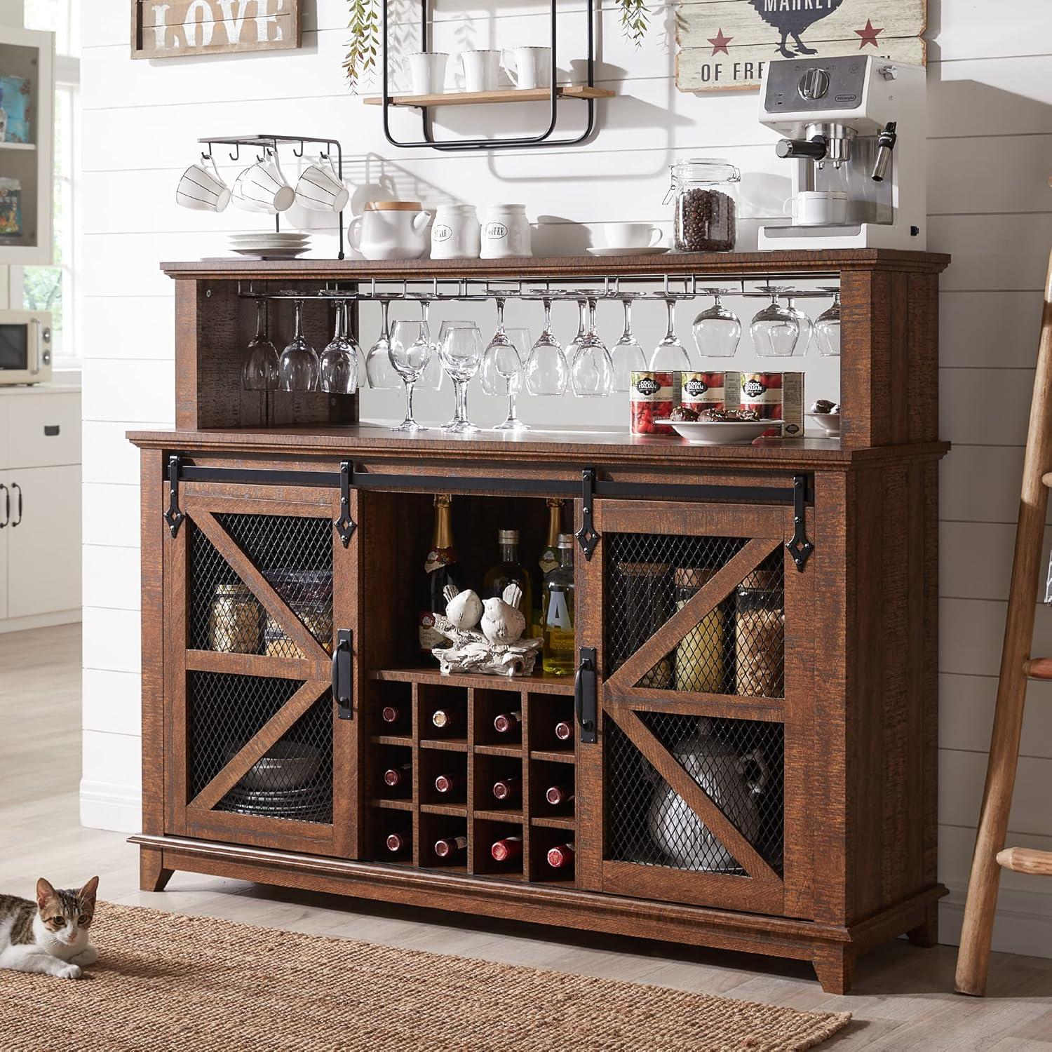 SinCiDo 55" Coffee Bar Cabinet with LED Lights & Sliding Barn Door & Wine and Glass Rack, Wine Bar Cabinet w/Storage Shelves, Reclaimed Barnwood