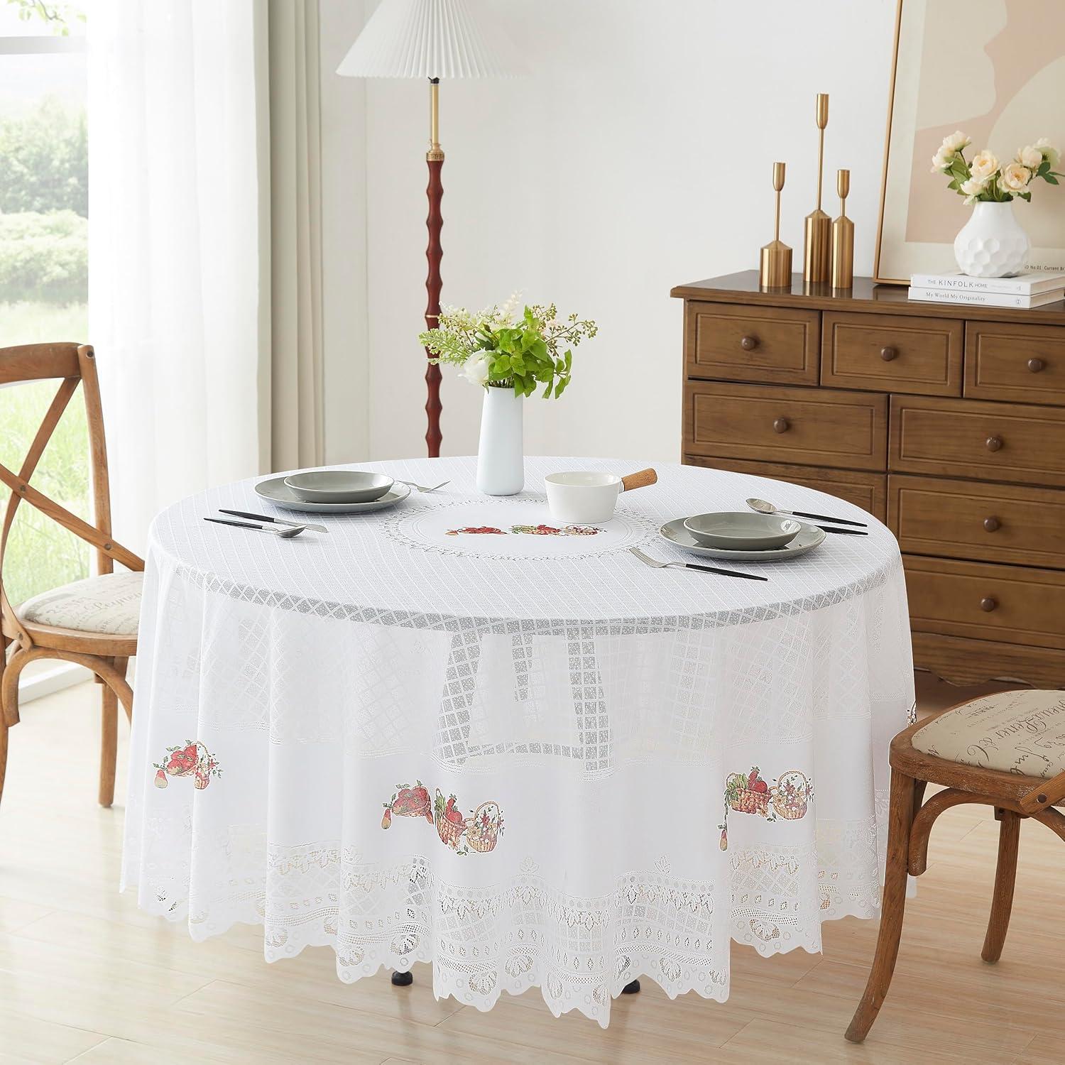 White Lace 70-Inch Round Fall Tablecloth