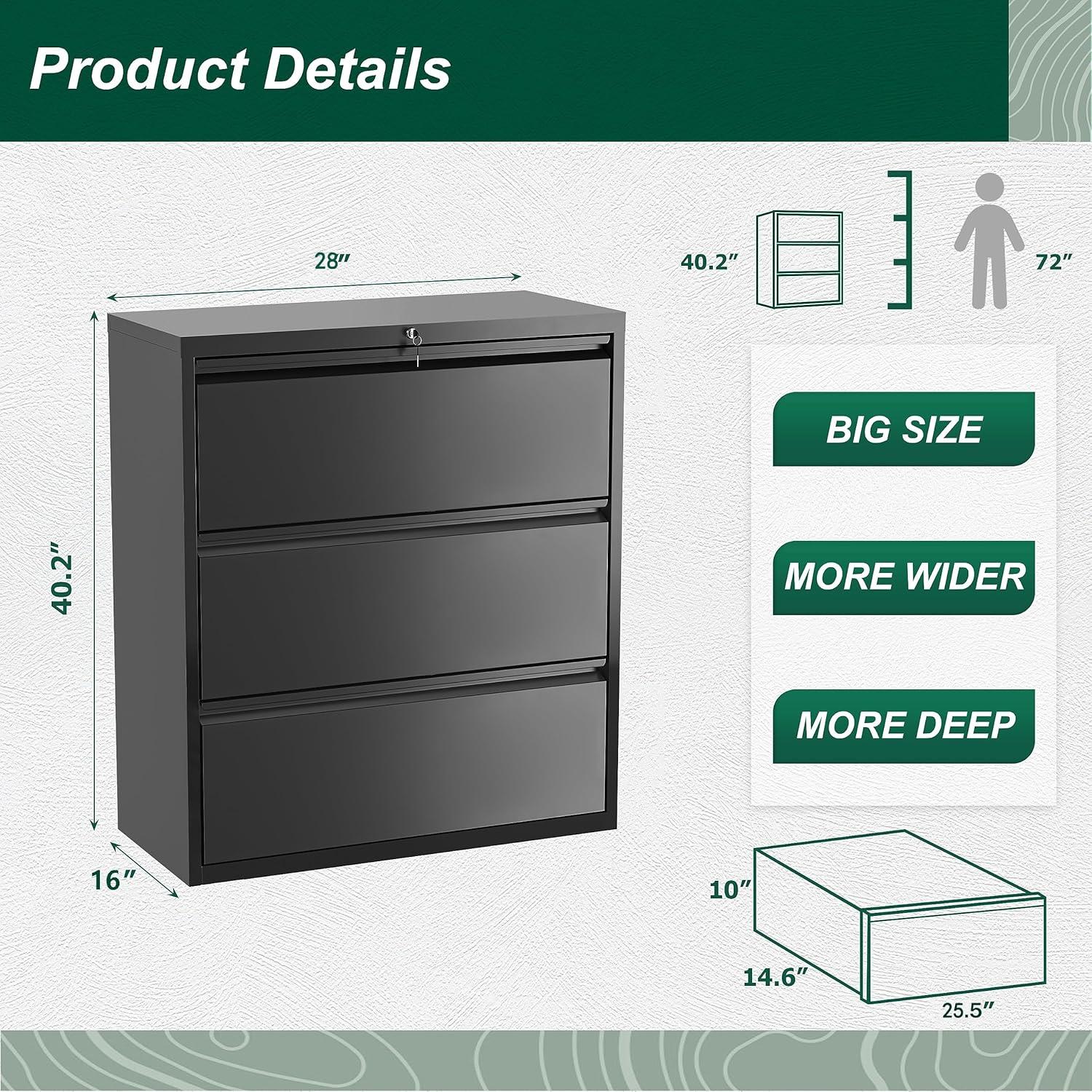 Black Lateral File Cabinet with Lock, 3 Drawer Lateral Filing Cabinet for Legal/Letter A4 Size, Metal Steel Locking Wide File Cabinet for Home Office