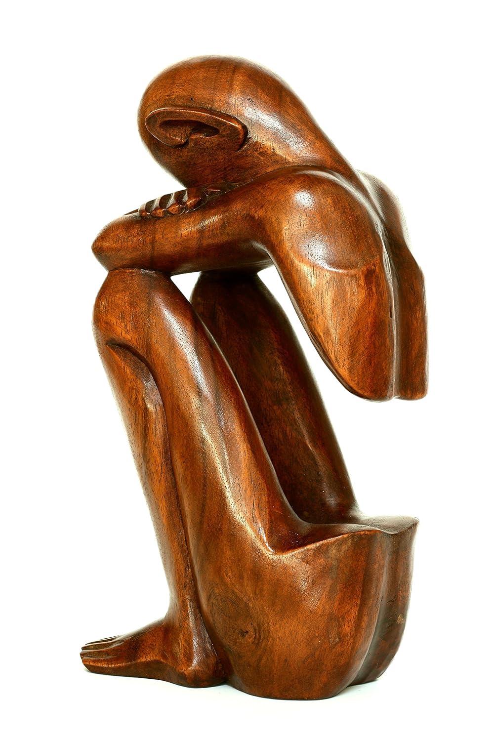 12" Handcrafted Suar Wood Resting Man Abstract Sculpture