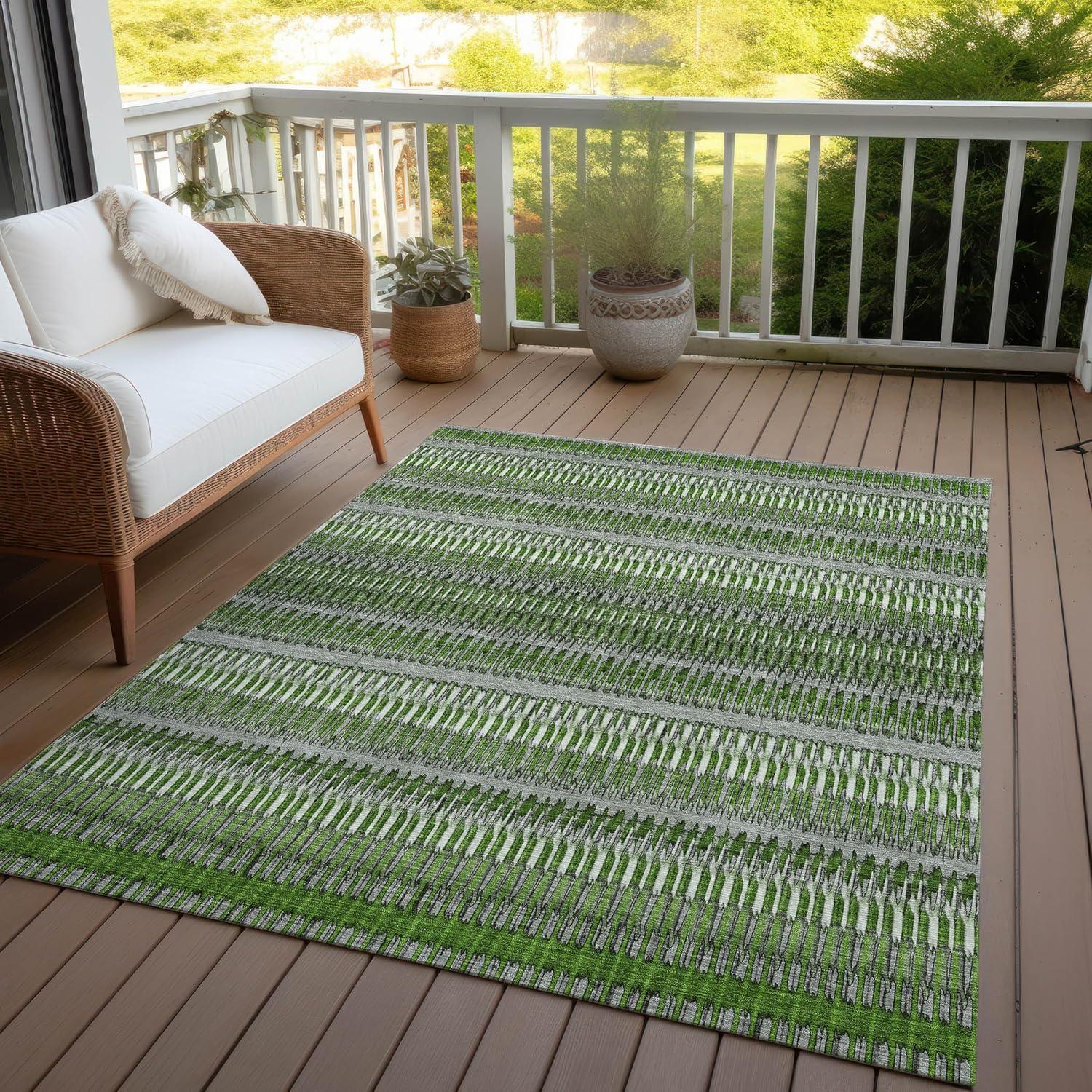 Green and Gray Striped 10' x 14' Synthetic Indoor Outdoor Rug