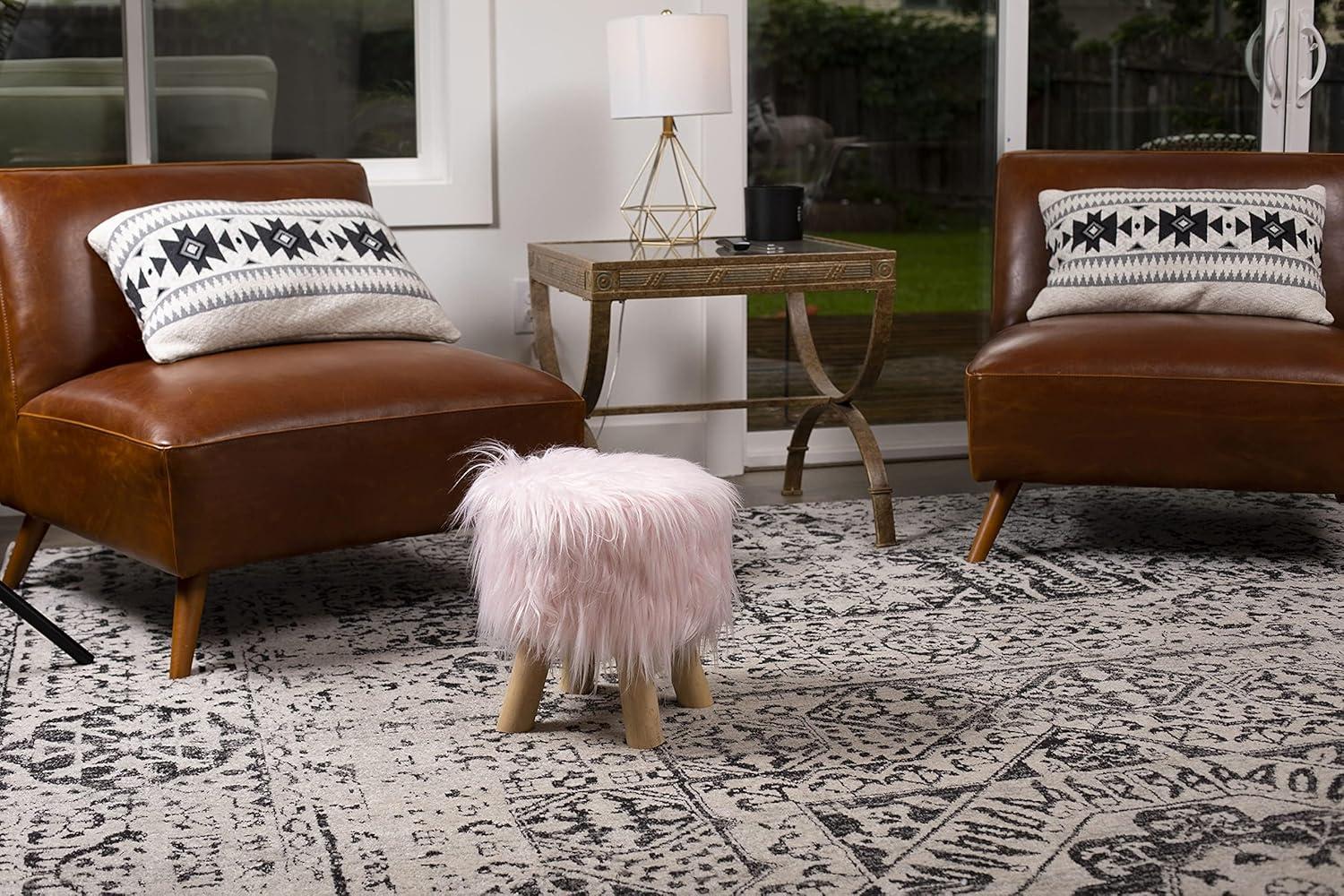 BirdRock Home Faux Fur Foot Stool Ottoman with Wood Legs - Pink