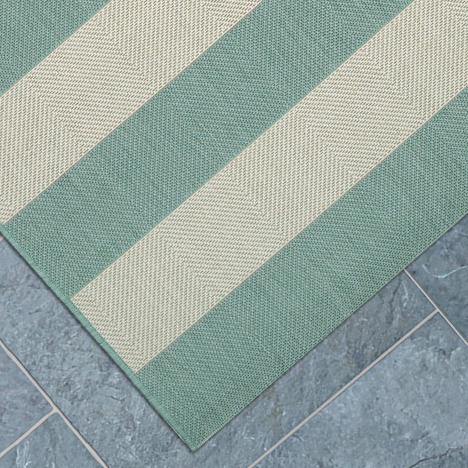Couristan Afuera Yacht Club 5'3" x 7'6" Sea Mist Green and Ivory Stripe Outdoor Rectangle Rug