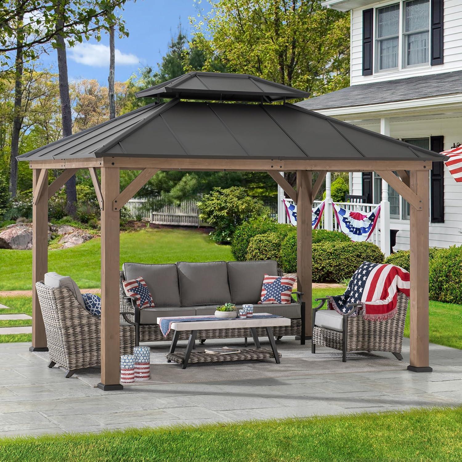 SUNJOY 10 x 12 ft. Wood Gazebo, Outdoor Patio Steel Hardtop Gazebo, Cedar Framed Wooden Gazebo with 2-Tier Metal Roof, Suitable for Patios, Lawn and Backyard, Dark Brown Roof + Dark Wood Frame