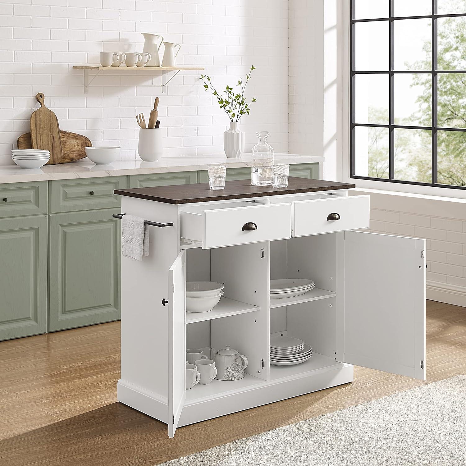 Crosley Shoreline Kitchen Island White/Dark Brown: Adjustable Shelves, Towel Bar, MDF & Veneer Storage Cart
