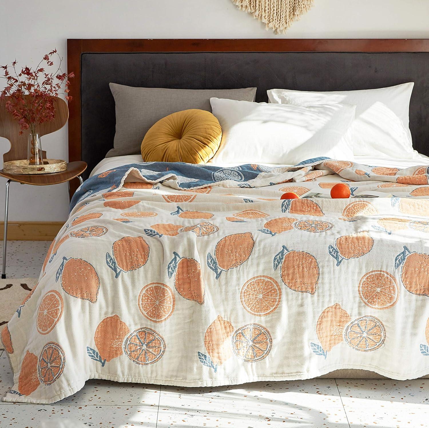 Scientific Sleep Lemon 100% Cotton Muslin Blanket Throw Cover for Bed Couch Sofa Cozy Soft Reversible Bedding Blanket Quilt Bedspread Coverlet Twin 60 in x 80 in