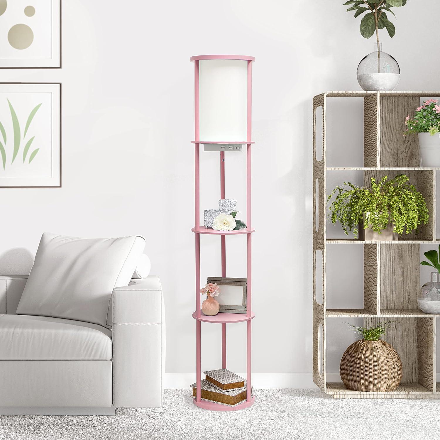 62.5" Round Modern Shelf Etagere Organizer Storage Floor Lamp with 2 USB Charging Ports and 1 Charging Outlet - Simple Designs