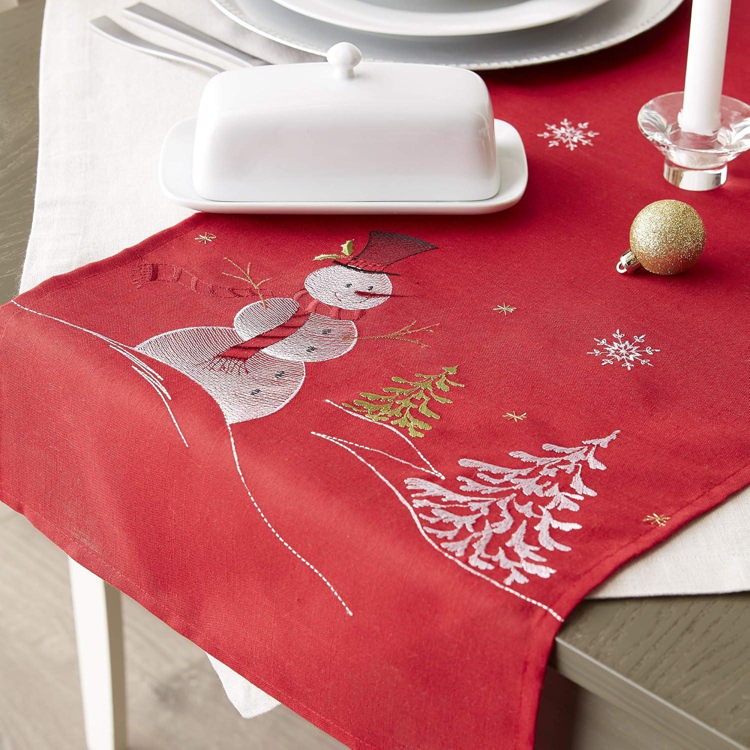 DII Embroidered Holiday Table Décor Collection Christmas Kitchen, Snowman Table Runner, 14x70, Red