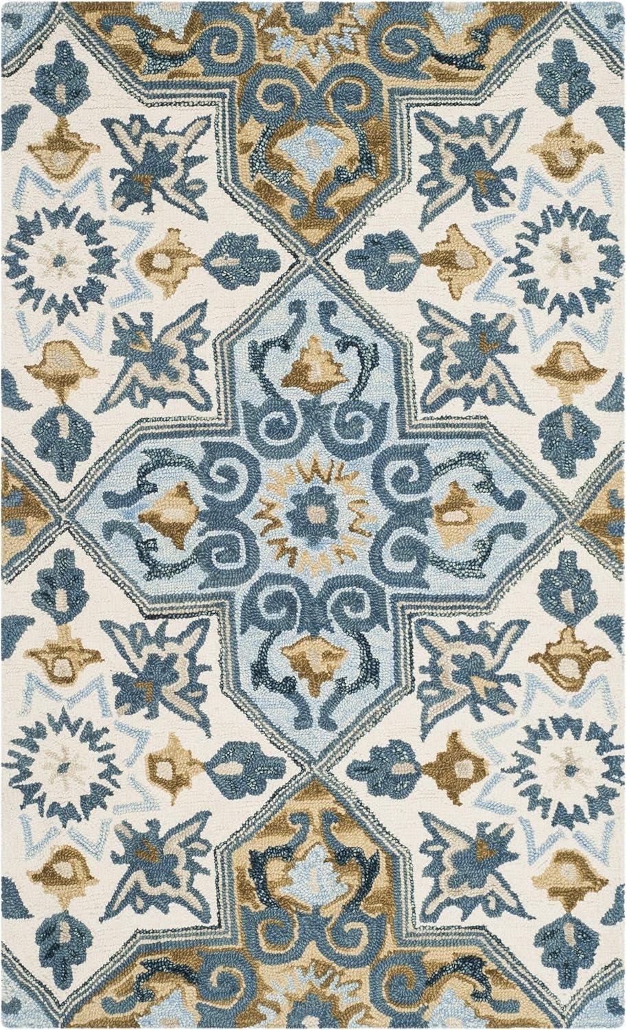 Ivory and Blue Floral Hand-Knotted Wool Area Rug 3' x 5'