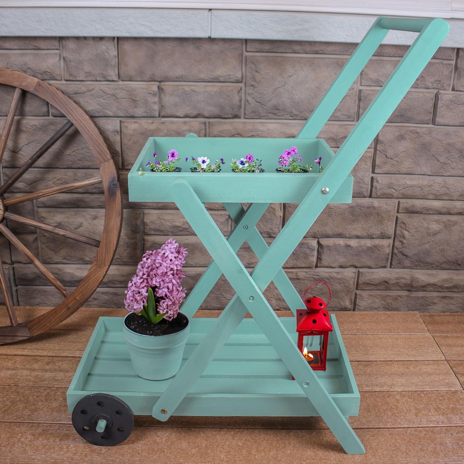 Sunnydaze 2-Tier Fir Wheeled Planter Stand - 34” H - Robin Egg Blue