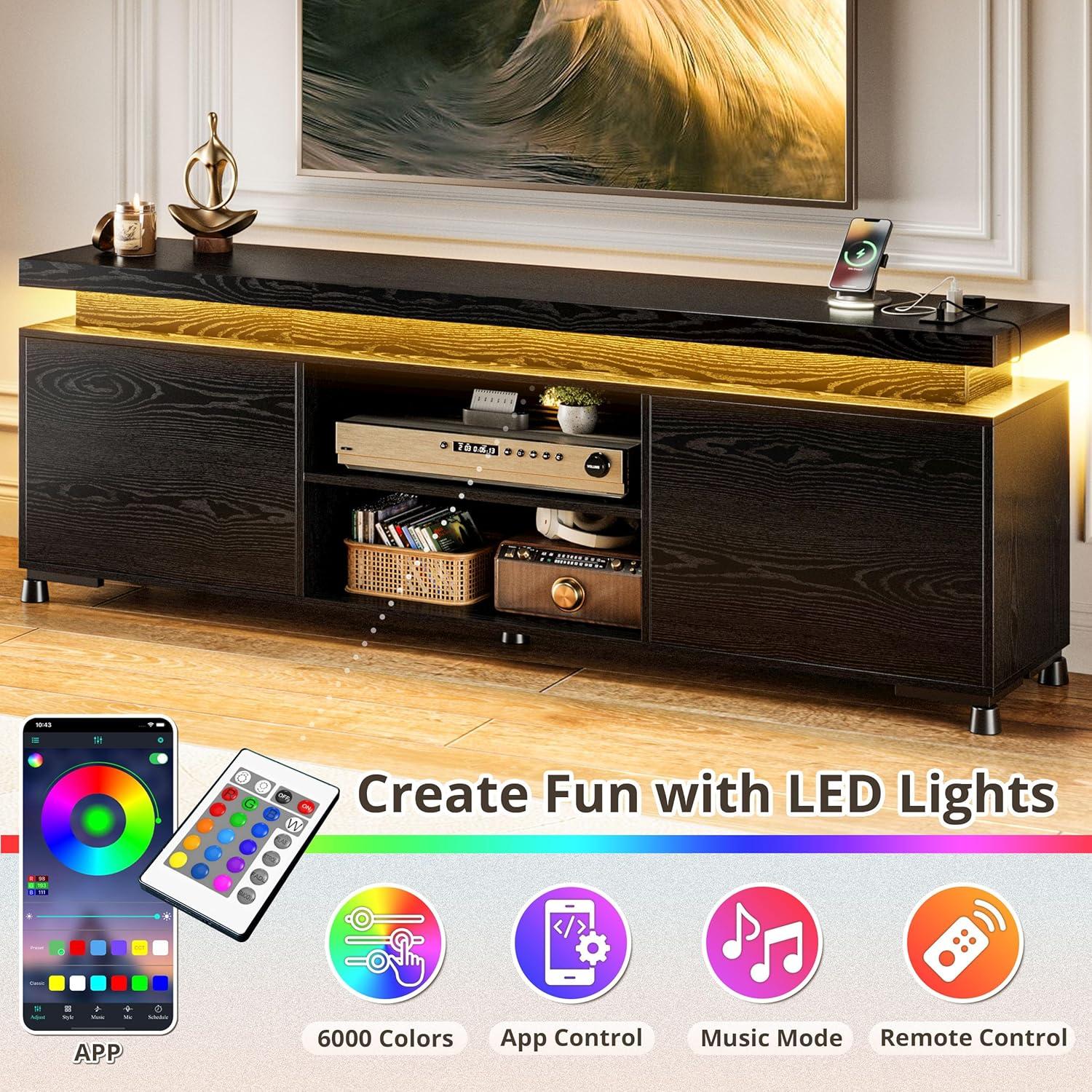 IRONCK TV Stands for TVs 75+ Inch with LED Lights and Power Outlet Modern TV Console Entertainment Center with Storage Cabinet for Living Room