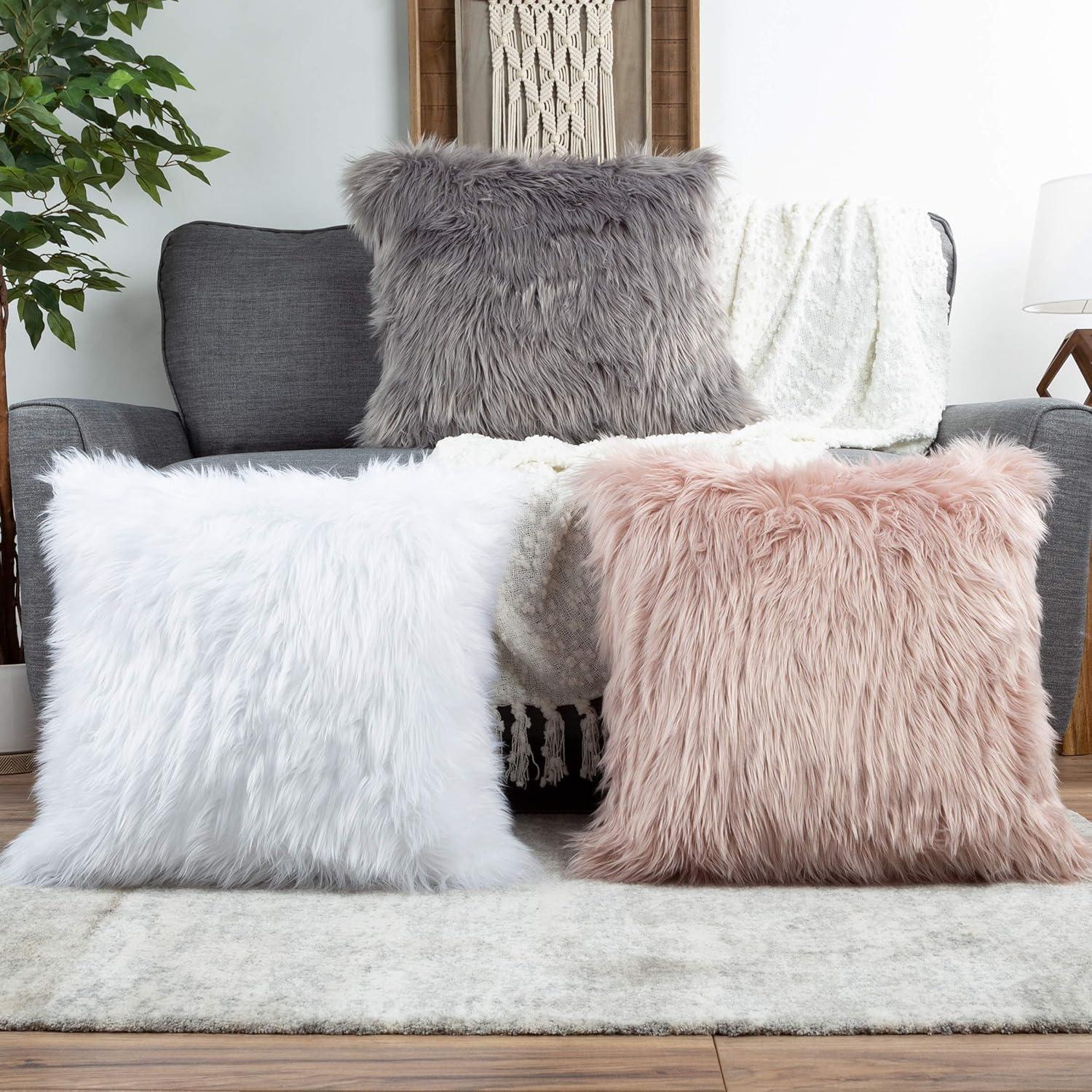 22-in. Plush Pillow Luxury Square Accent Pillow Insert and Shag Glam Cover Set for Bedroom or Living Room by Lavish Home (Gray)