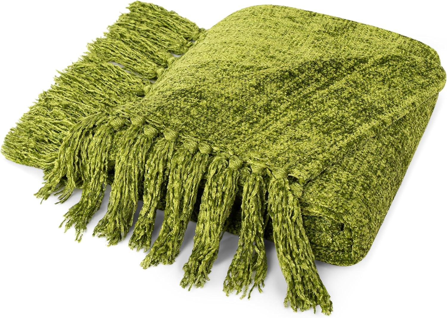 PAVILIA Chenille Throw Blanket with Woven Knitted Tassel Fringe for Couch, Living Room Decor and Bed