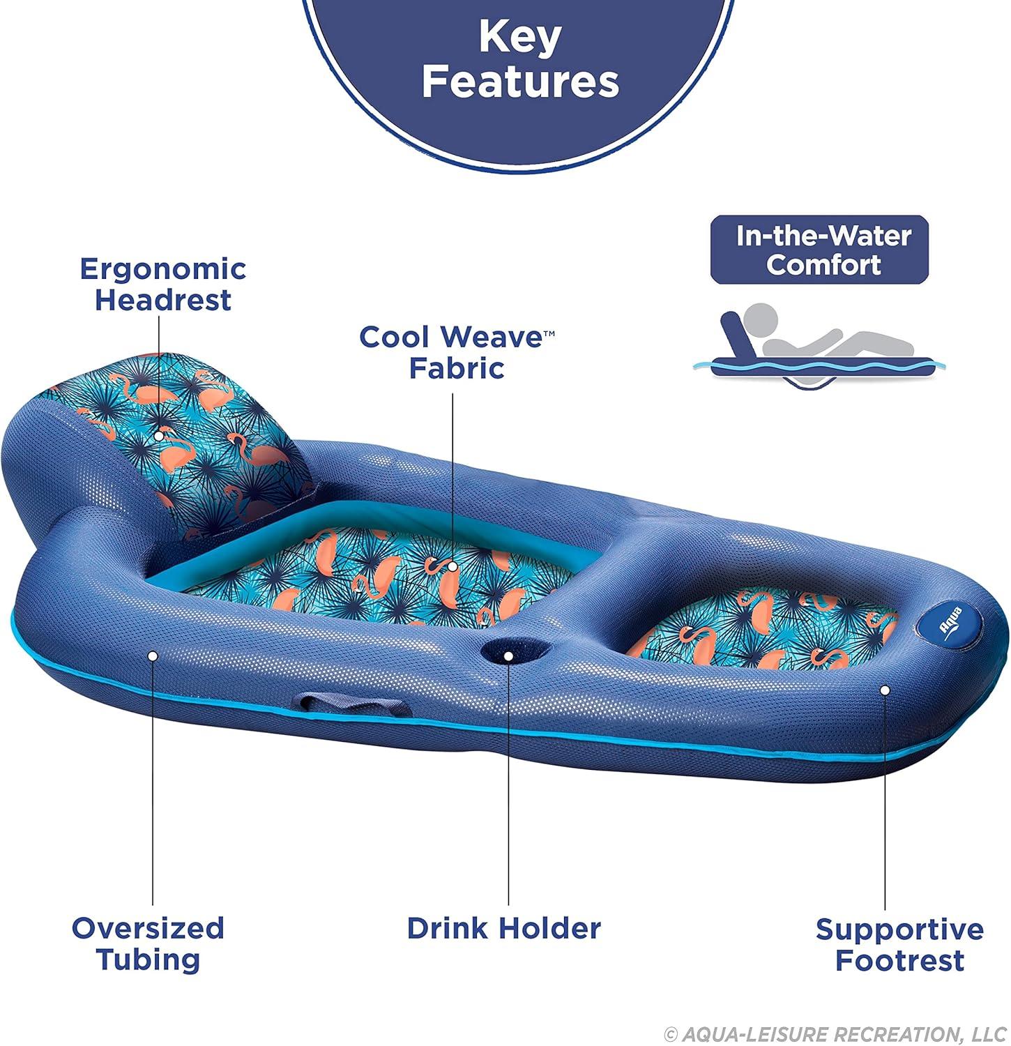 Aqua Luxury Water Lounge Recliner Pool Float with Headrest, Backrest & Footrest, Pink Flamingo