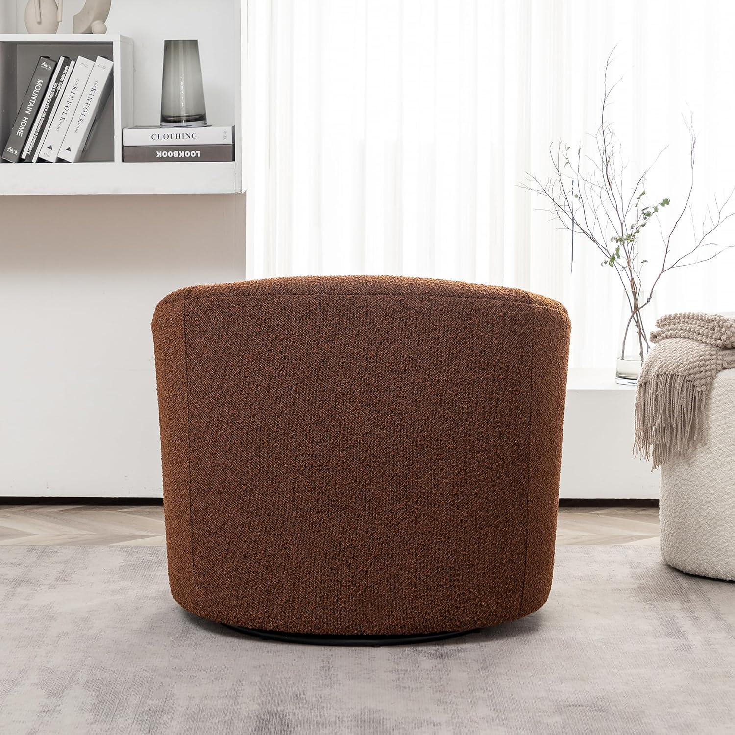 Brown Boucle Upholstered Swivel Barrel Accent Chair with Wooden Legs