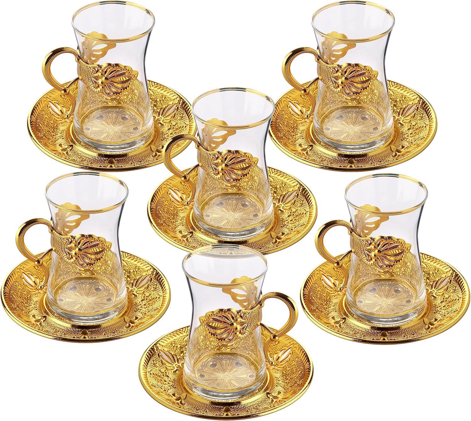 Sefa Turkish Tea Glass Set of 6 | Turkish Tea Glasses with Holders | Turkish Tea Glasses with Saucers | Turkish Tea Cups, Gold, 5 oz