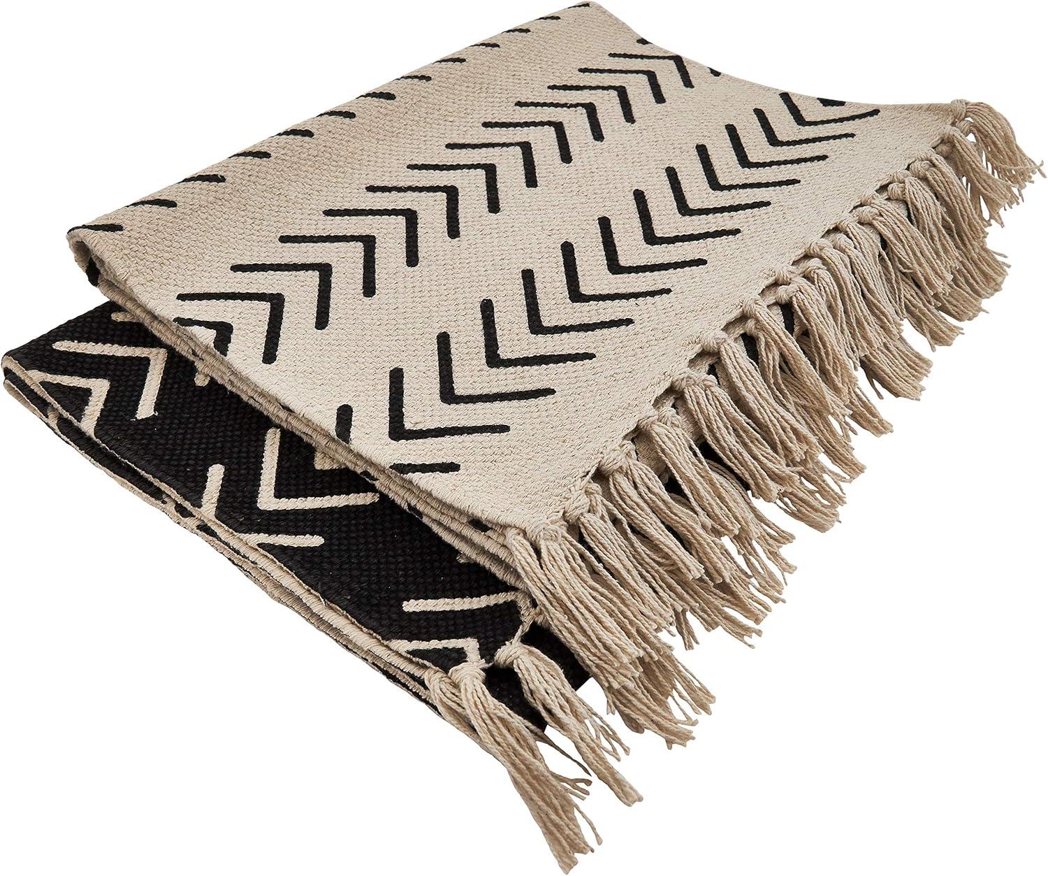 Beige Cotton Chevron Design Table Runner with Fringe