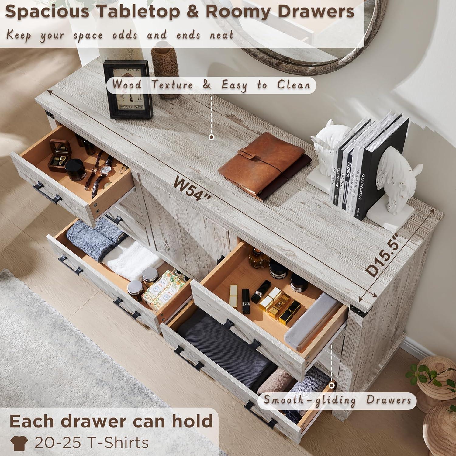 OKD Farmhouse 8 Drawer Dresser for Bedroom with Adjustable Shelf, Wood Long Chest of Drawers with Thick Plank Styling, Rustic Large Closet Dresser for Bedroom, Living Room, Antique White