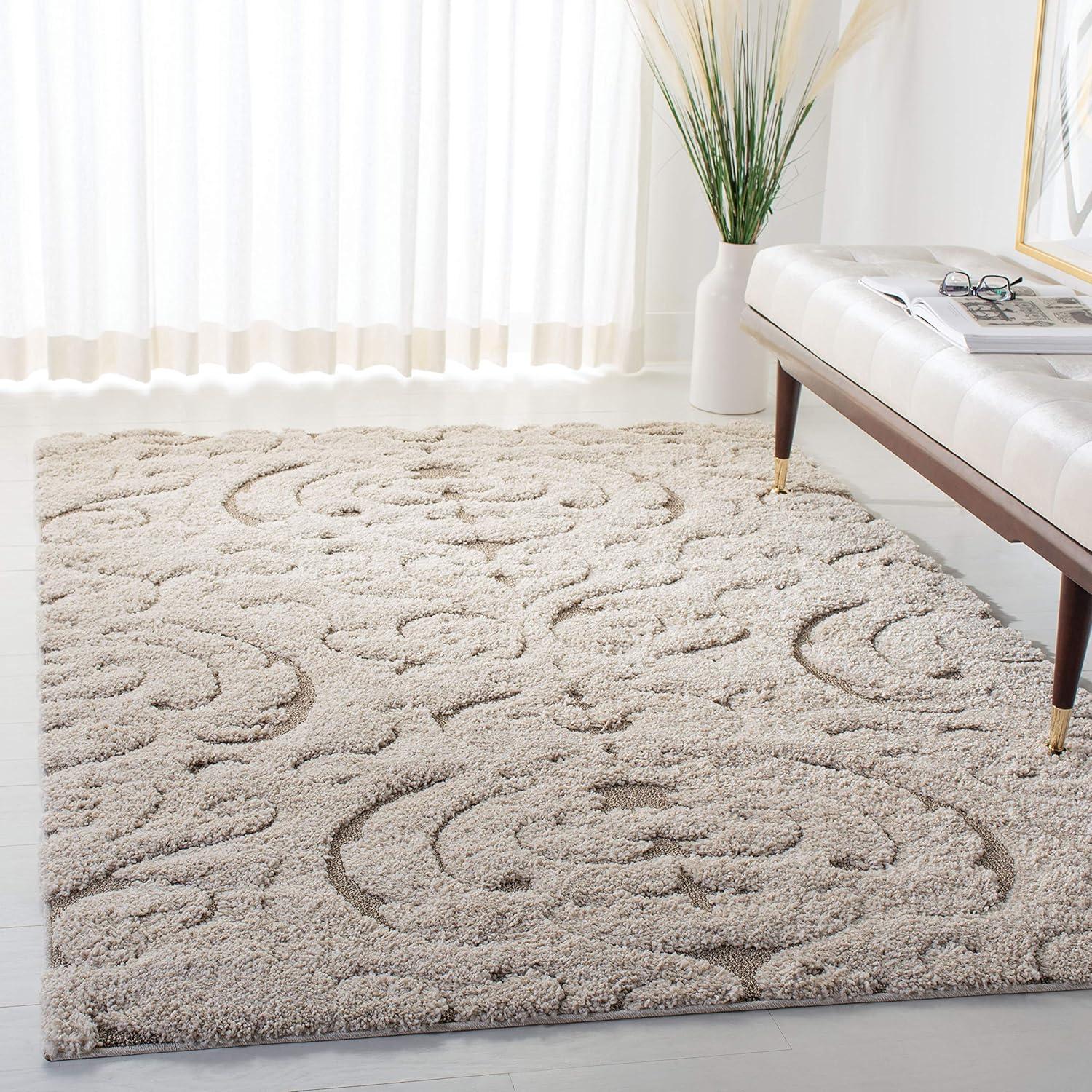 Cream and Beige Floral Shag Area Rug 8'6" x 12'