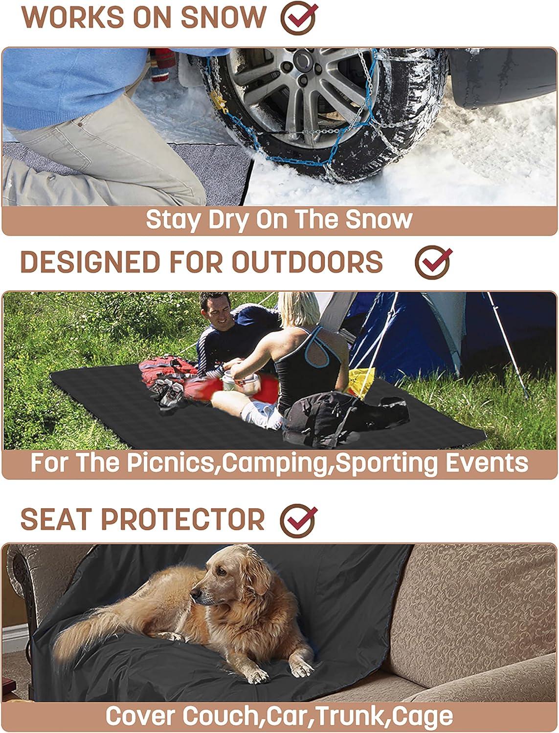 Tirrinia Extra Large Size Waterproof Outdoor Blanket with Fleece Lining, Windproof Triple Layers Warm Comfy Foldable for Camping, 66''X 90'', Black